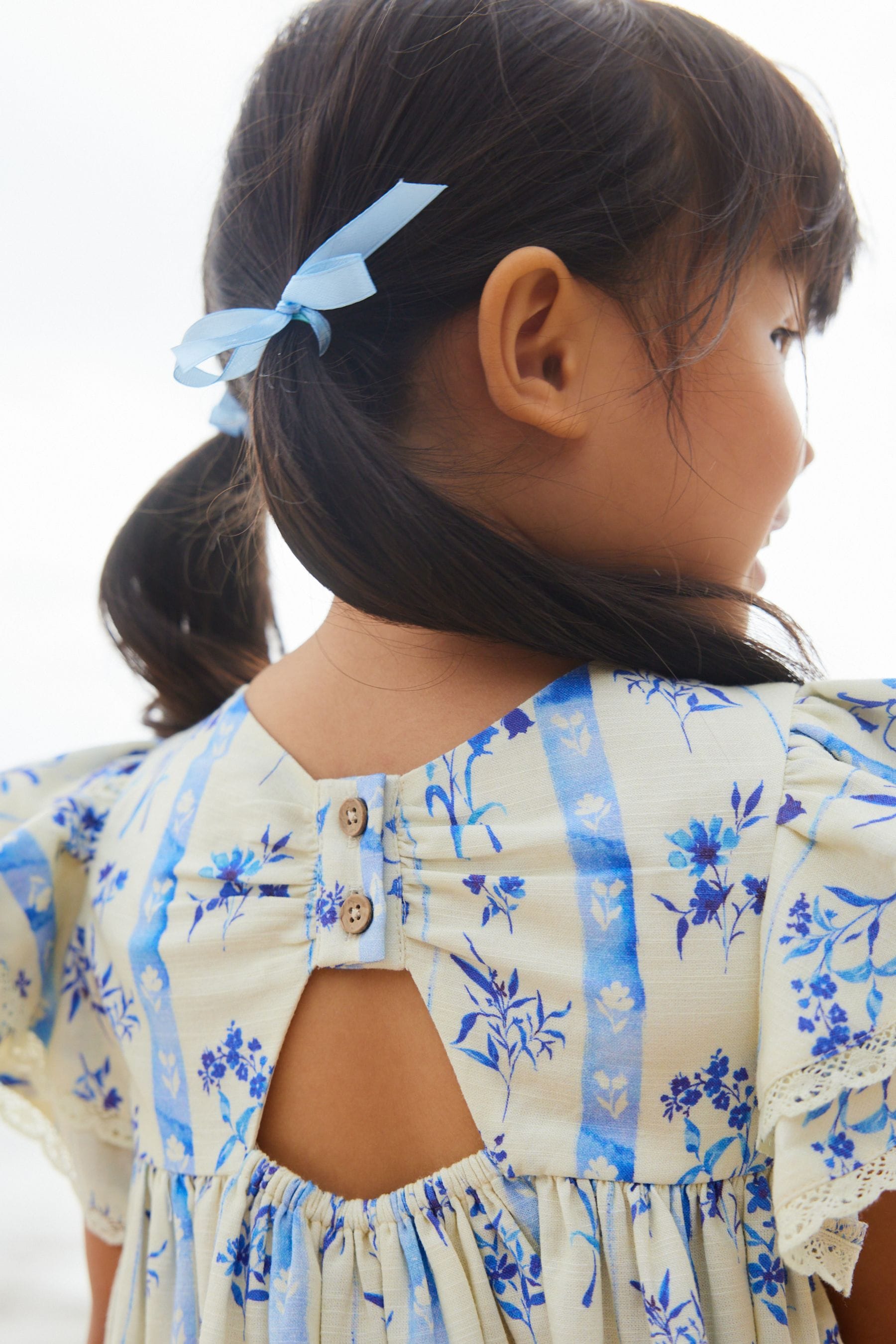 Blue Floral Angel Sleeve Dress (3mths-8yrs)