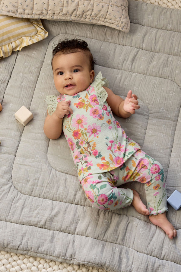 Sage Green Floral Baby Short Sleeve Top And Leggings Set