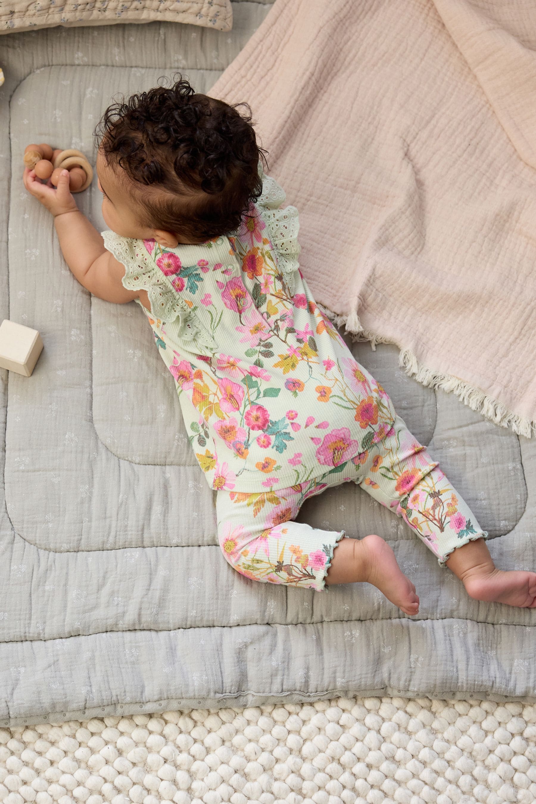 Sage Green Floral Baby Short Sleeve Top And Leggings Set