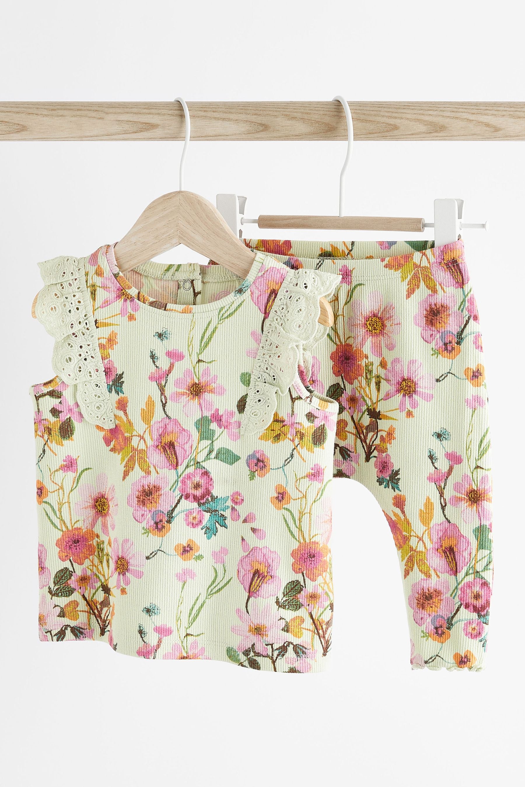 Sage Green Floral Baby Short Sleeve Top And Leggings Set