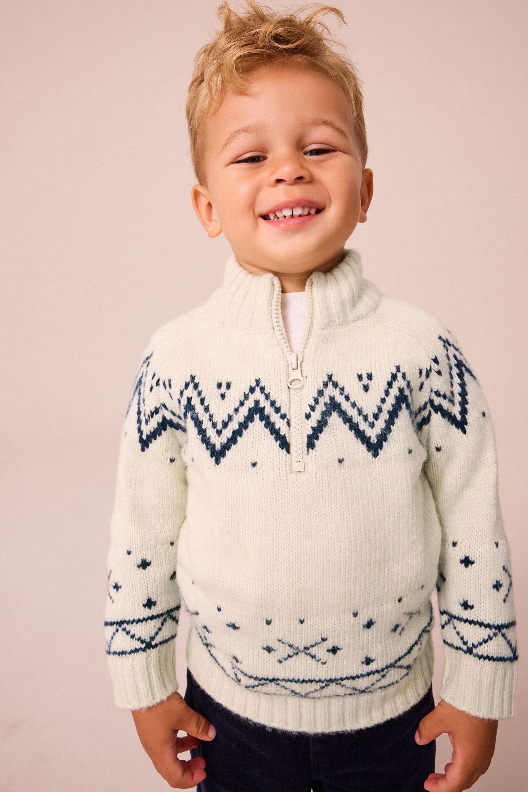 Ecru Fairisle Zip Neck Jumper (3mths-7yrs)