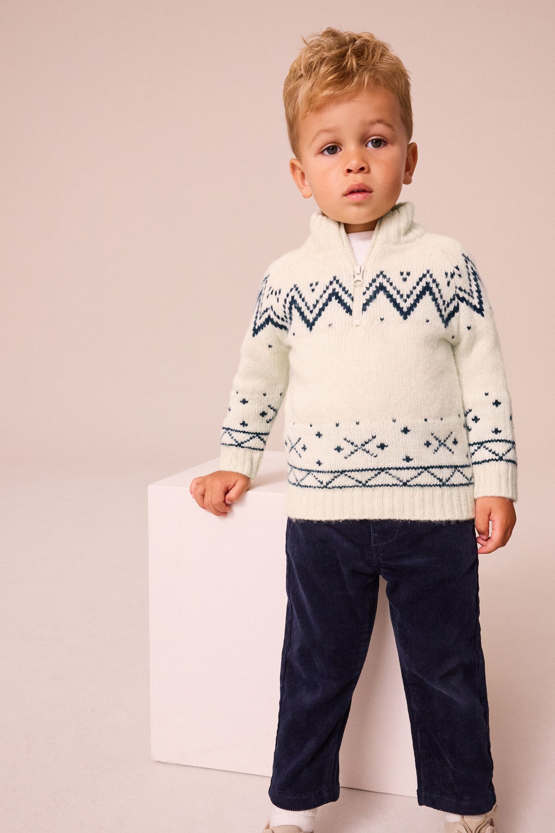 Ecru Fairisle Zip Neck Jumper (3mths-7yrs)