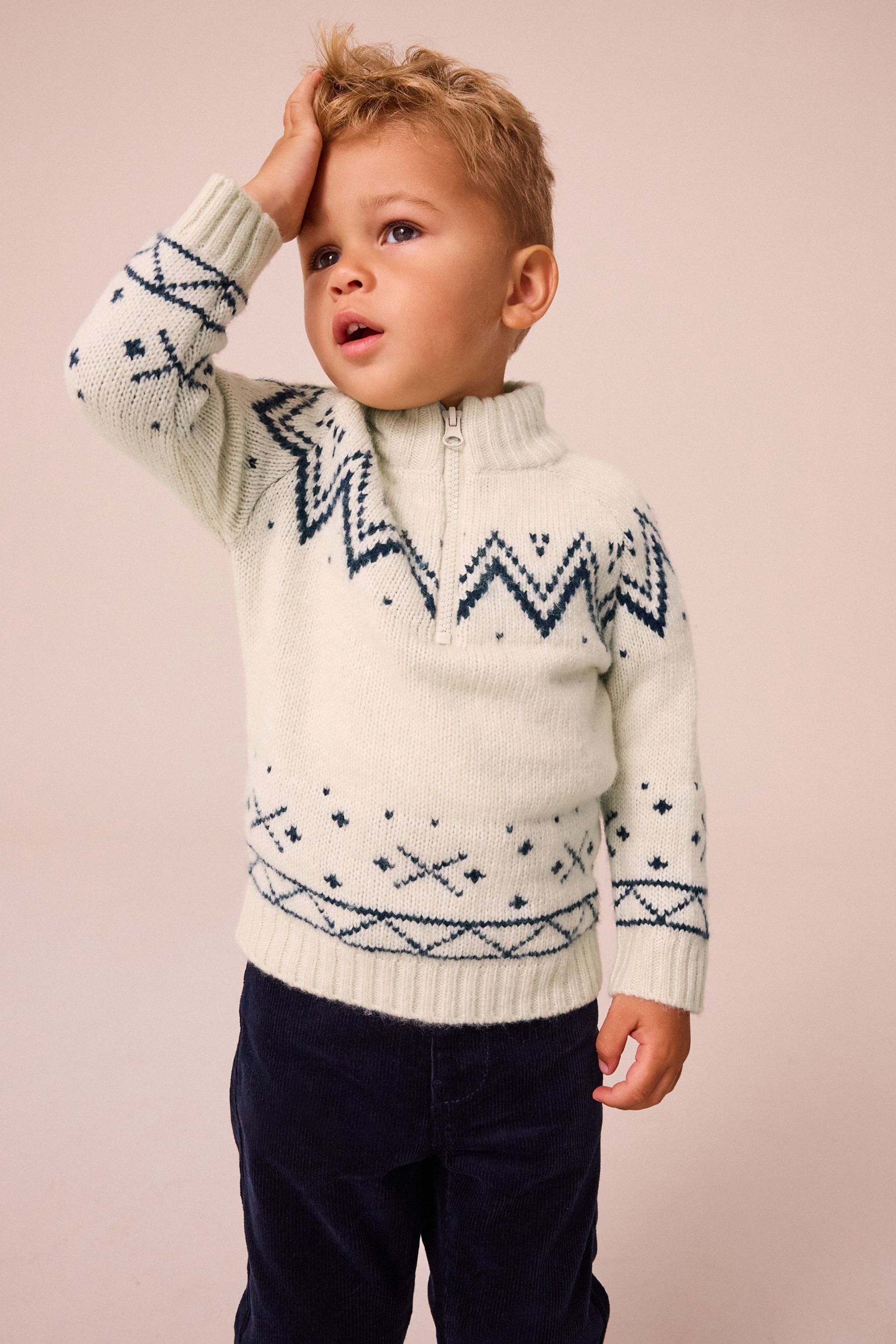 Ecru Fairisle Zip Neck Jumper (3mths-7yrs)