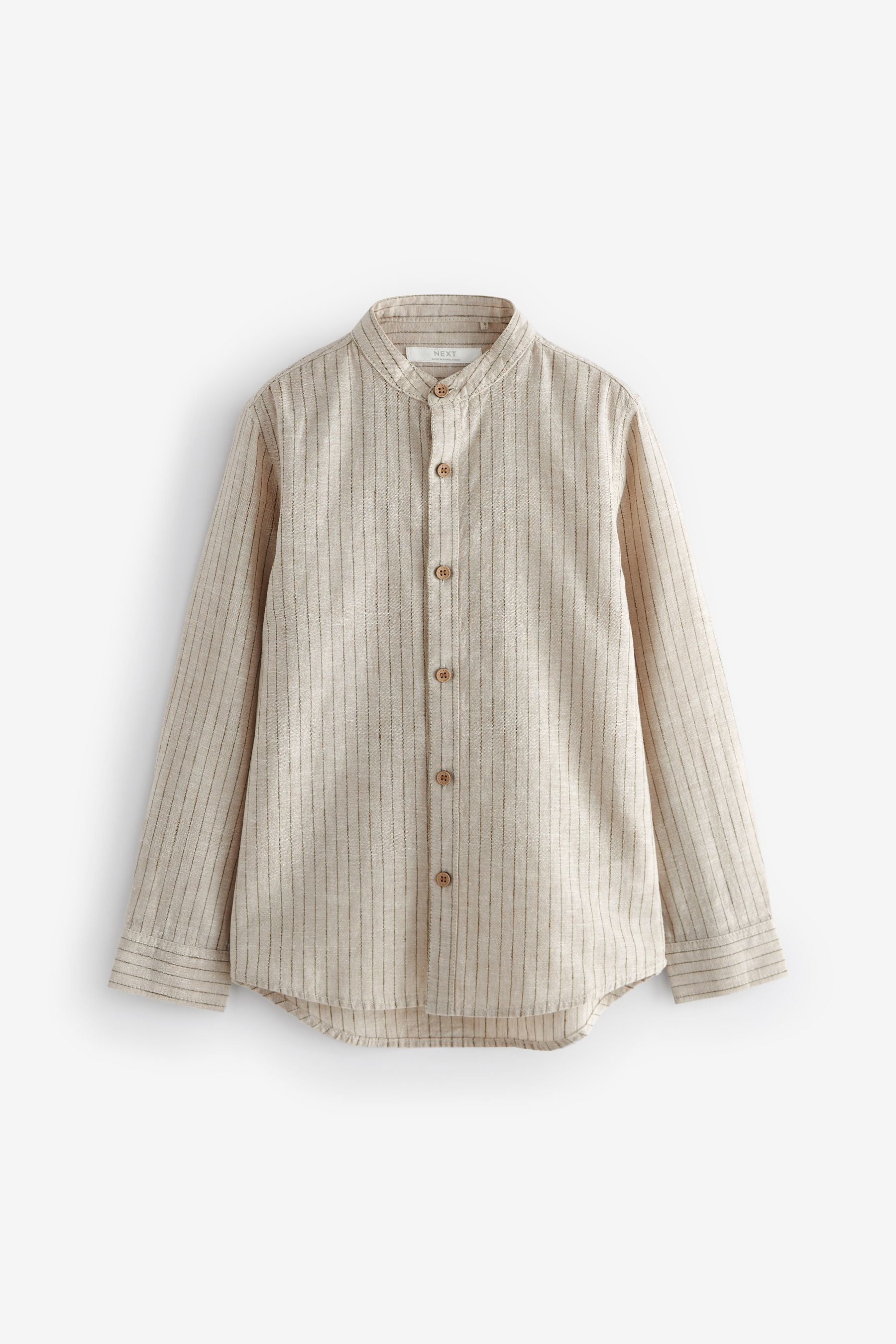 Neutral Grandad Collar Linen Mix Long Sleeve Shirt (3-16yrs)