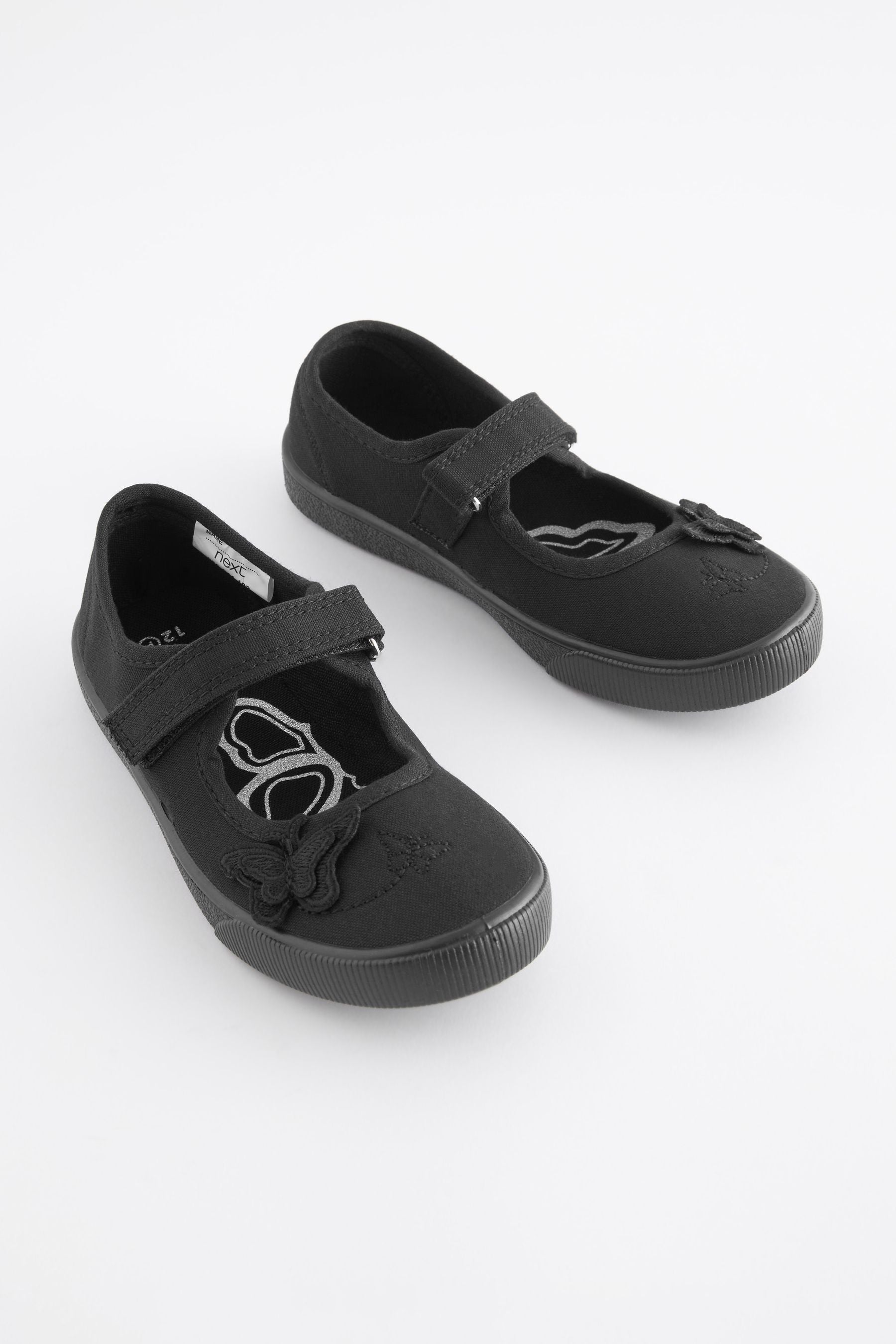 Black Standard Fit (F) Butterfly Embroidered School Plimsoll Shoes