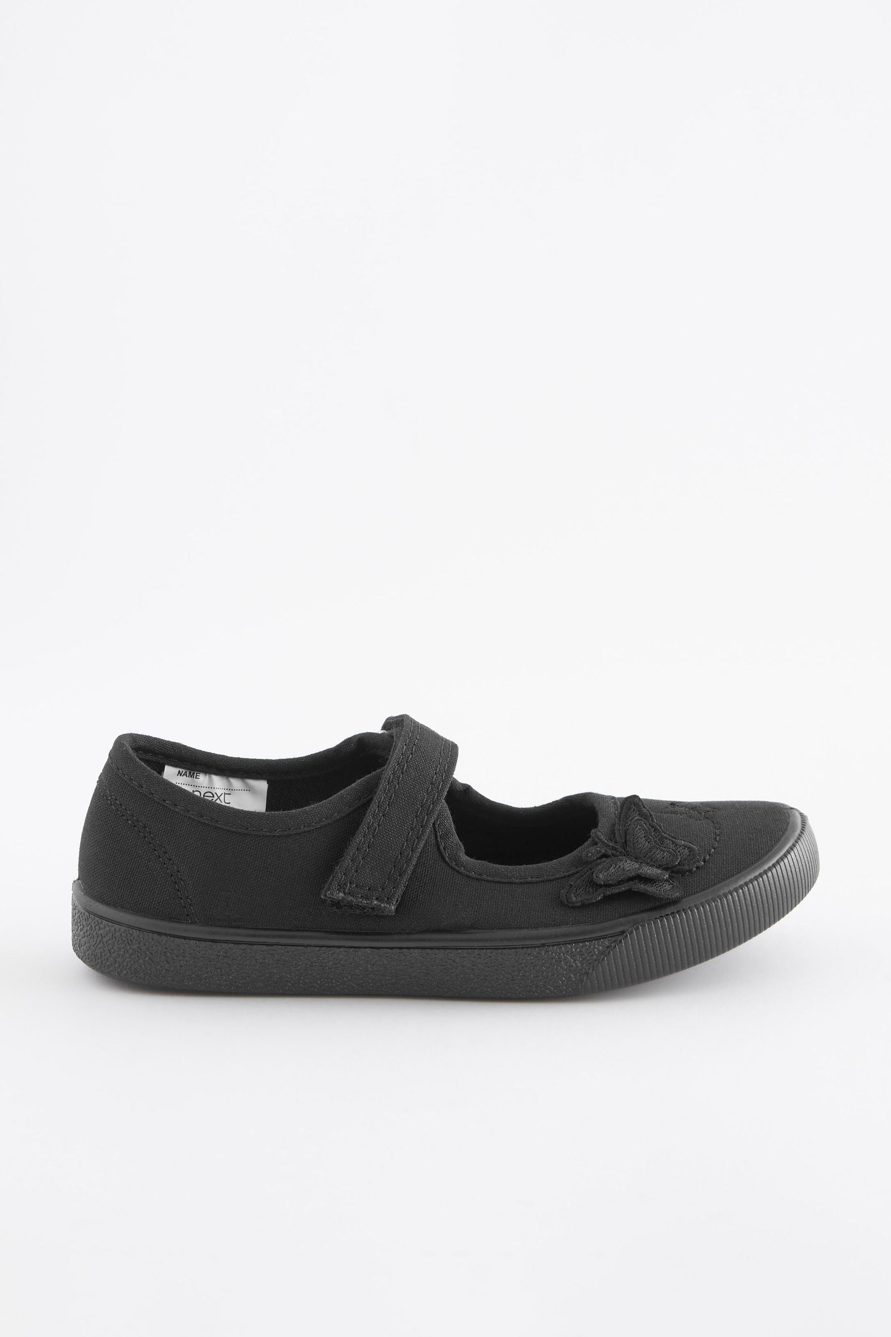 Black Standard Fit (F) Butterfly Embroidered School Plimsoll Shoes