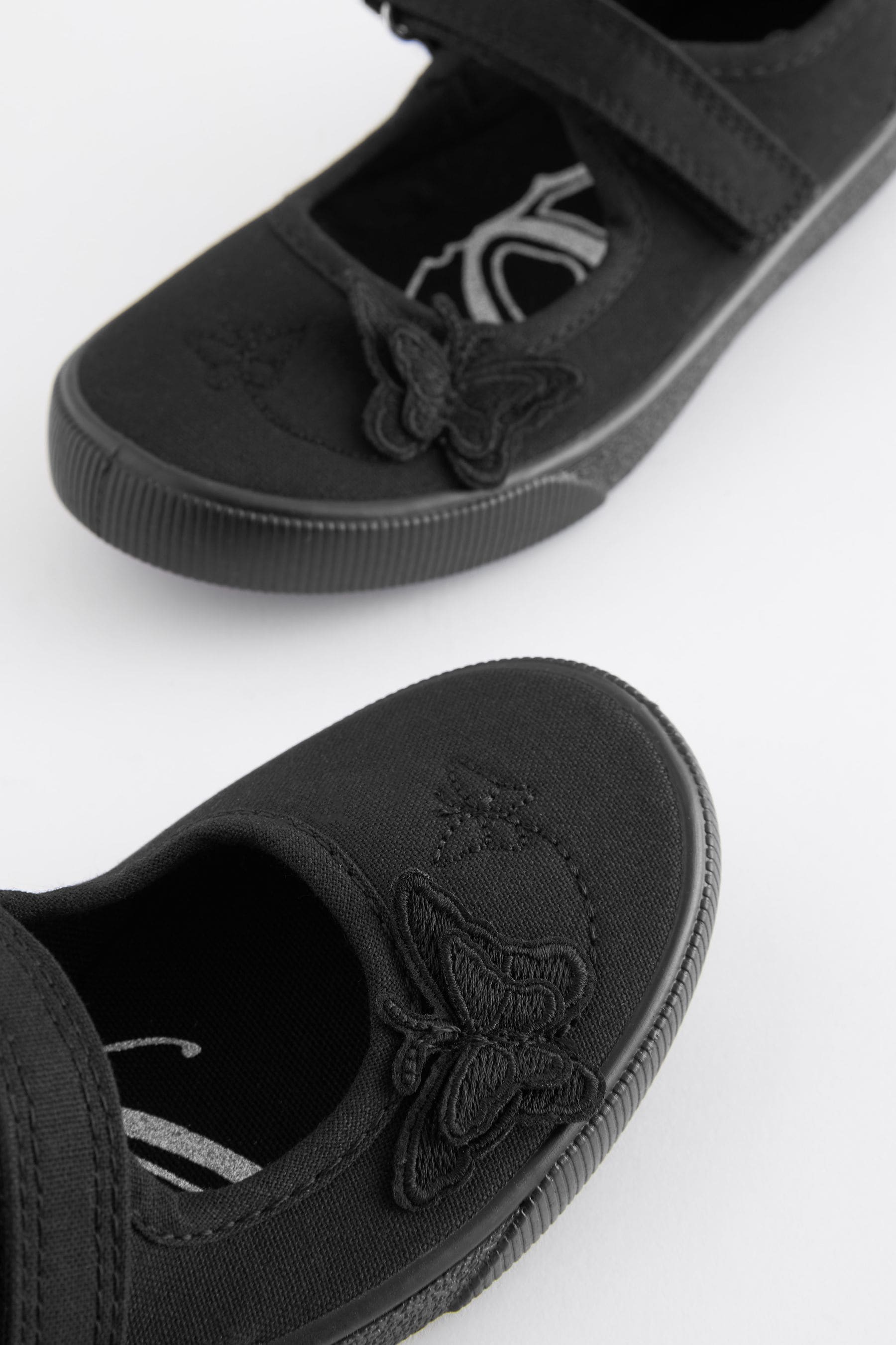 Black Standard Fit (F) Butterfly Embroidered School Plimsoll Shoes