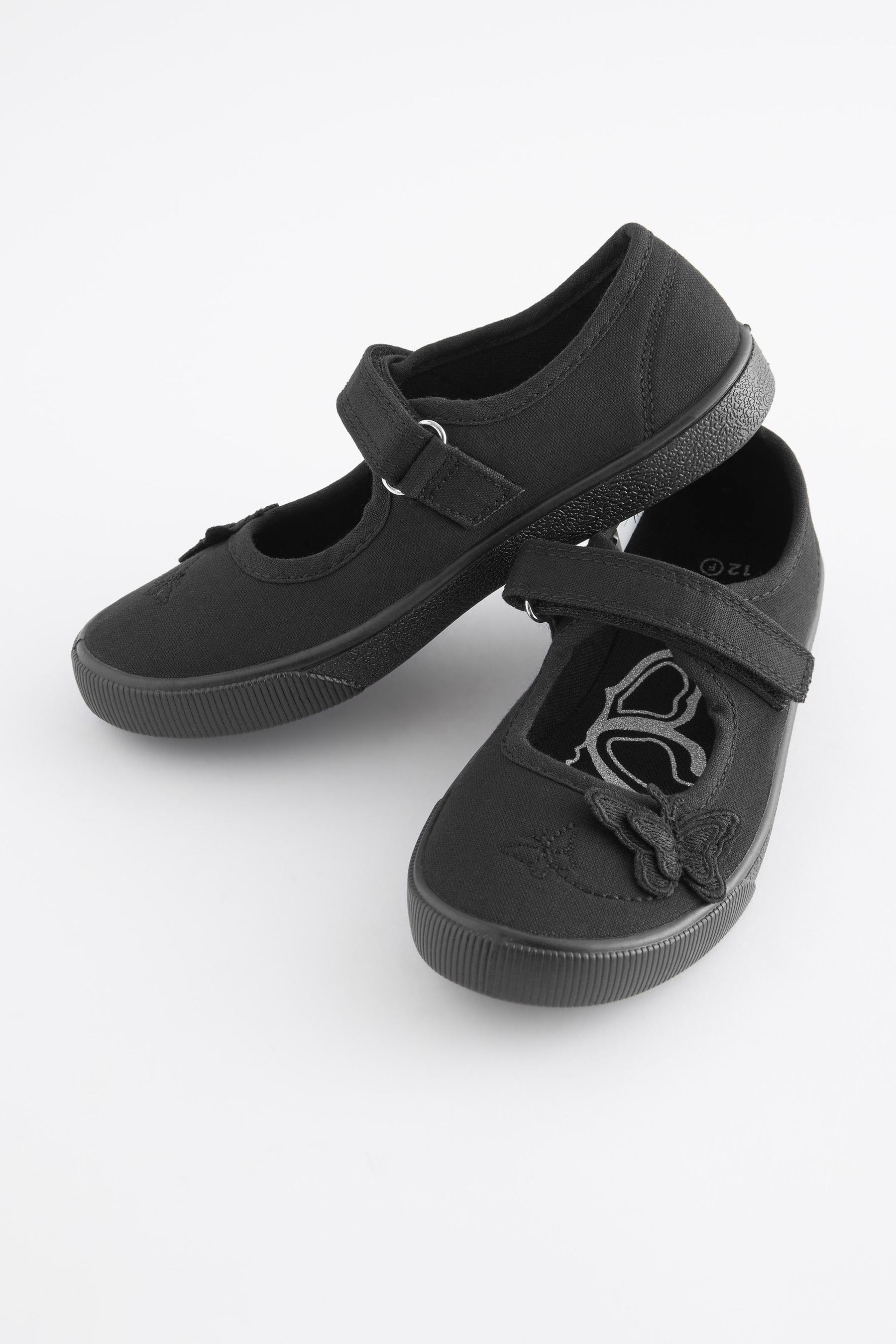 Black Standard Fit (F) Butterfly Embroidered School Plimsoll Shoes