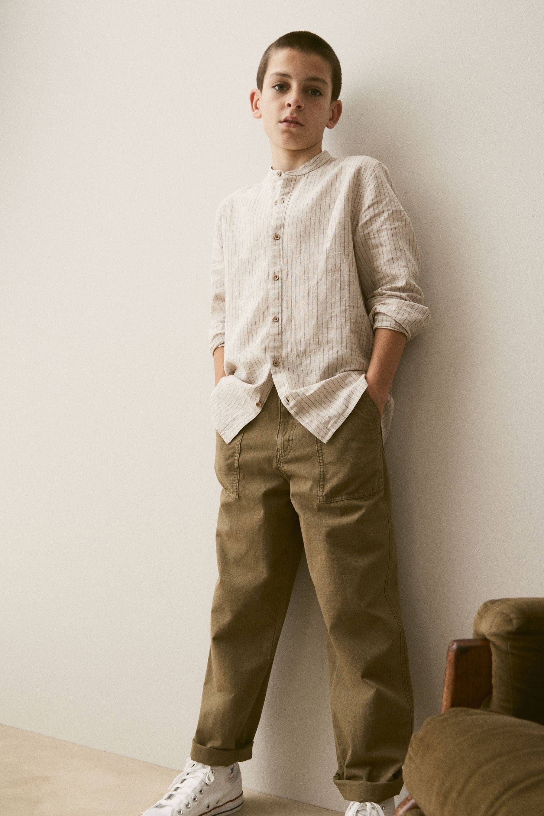 Neutral Grandad Collar Linen Mix Long Sleeve Shirt (3-16yrs)