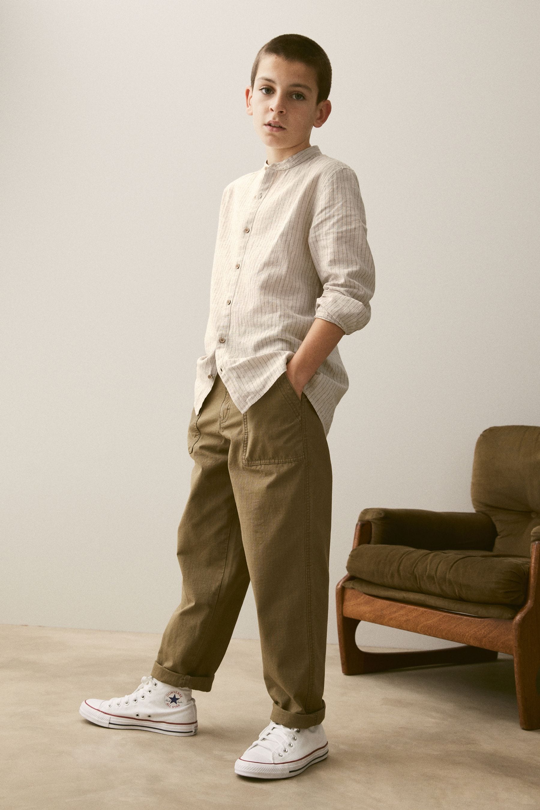 Neutral Grandad Collar Linen Mix Long Sleeve Shirt (3-16yrs)