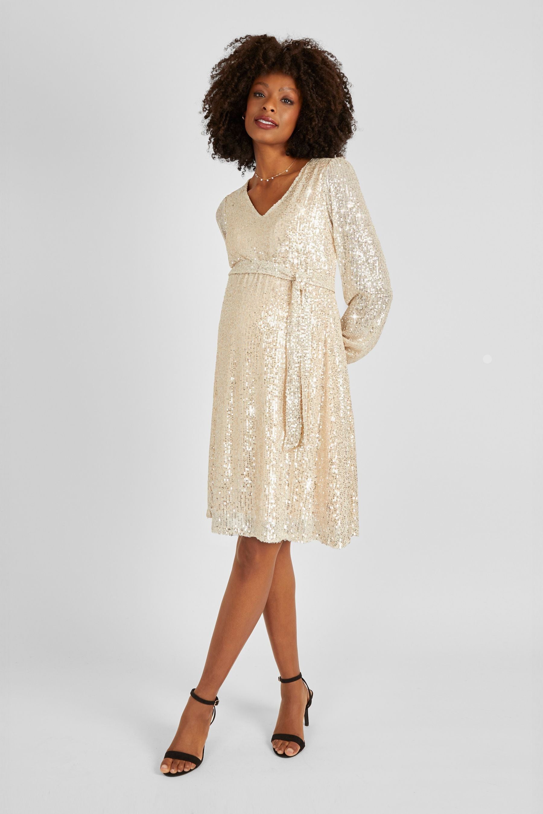 JoJo Maman Bébé Champagne Gold Sequin V-Neck Maternity Mini Dress