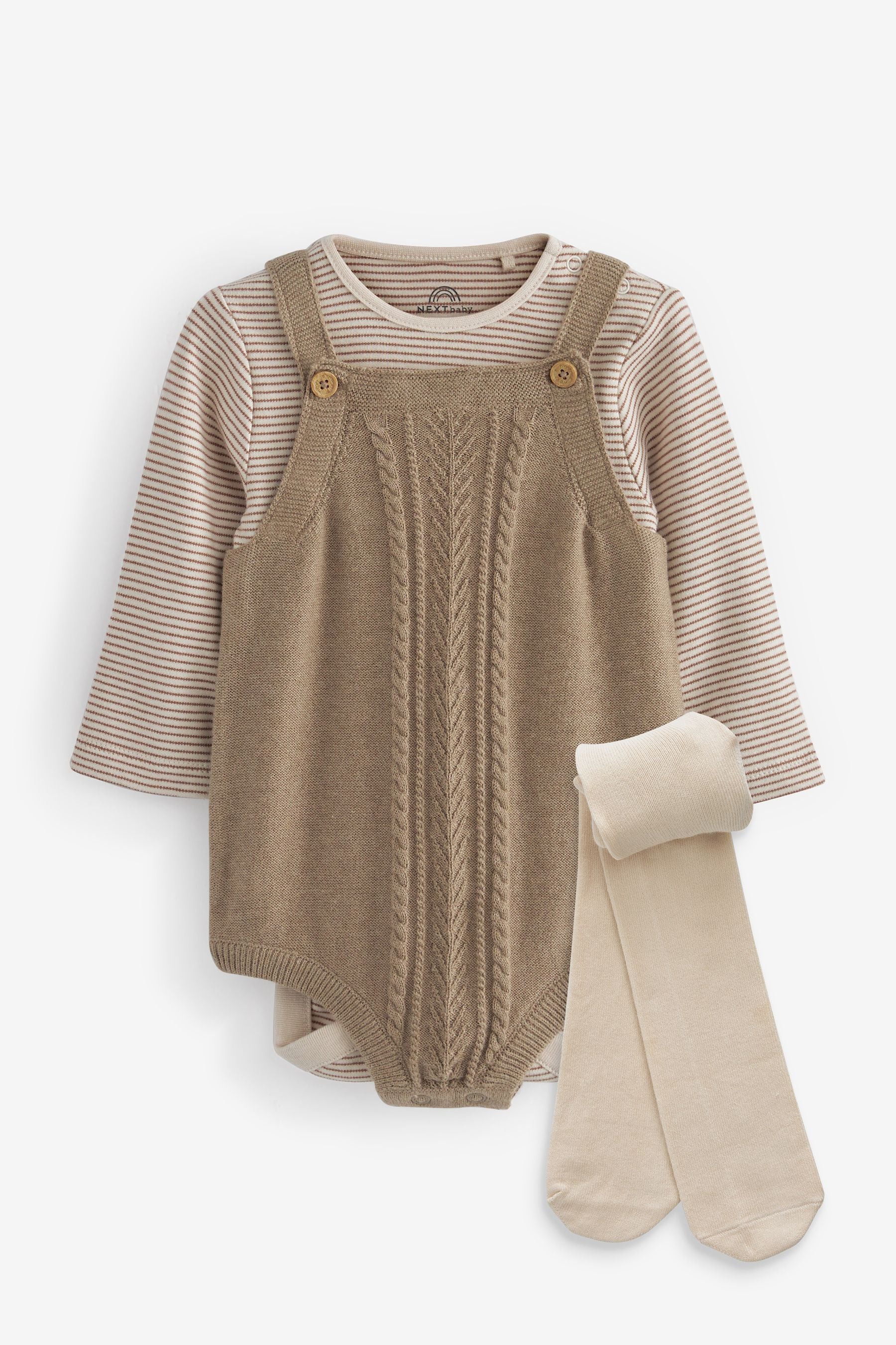 Brown Knitted Baby Romper, Top & Tights 3 Piece Set (0-18mths)