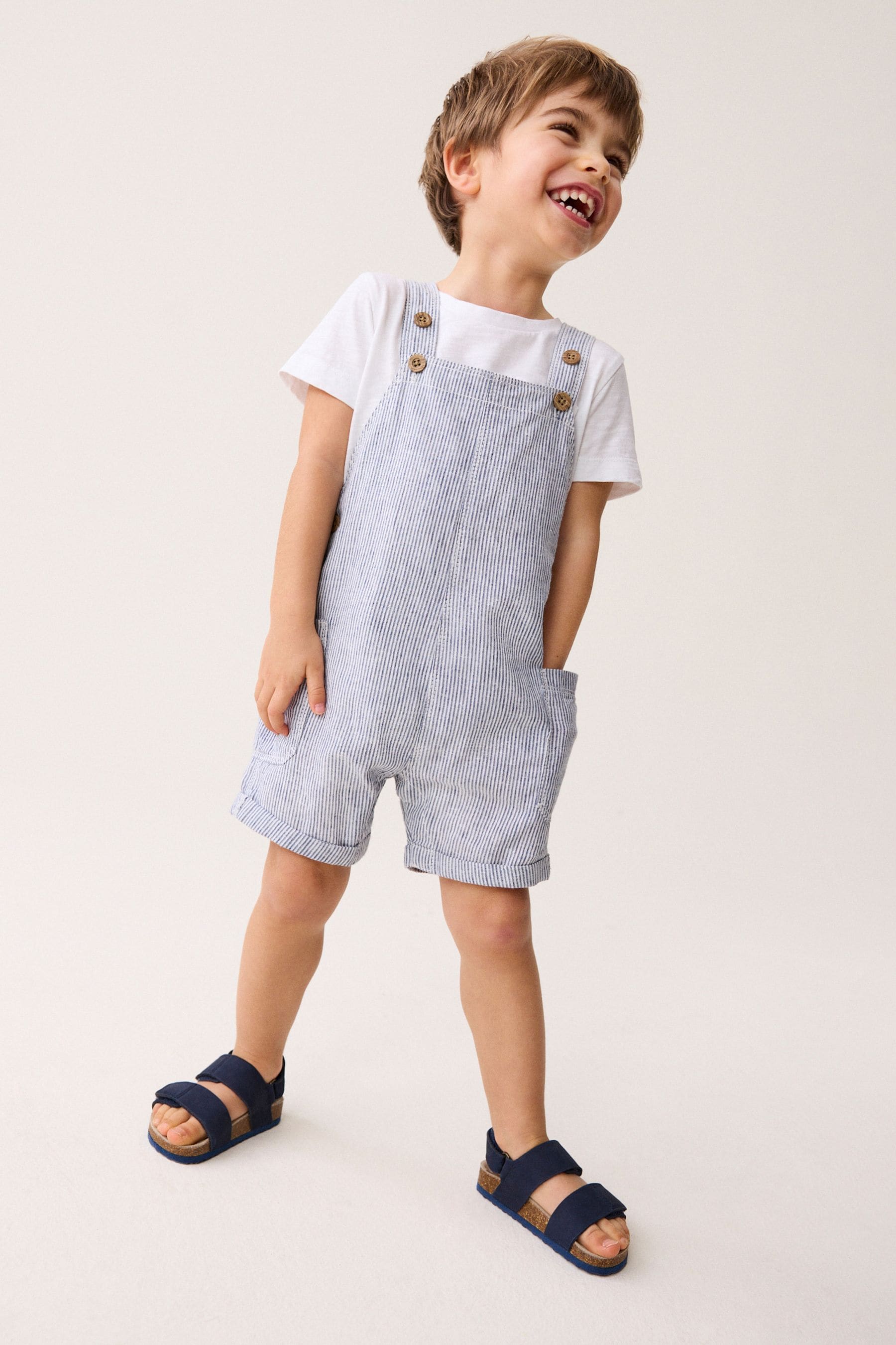 Blue/White Stripe Ticking Stripe Linen Blend Dungarees (3mths-7yrs)