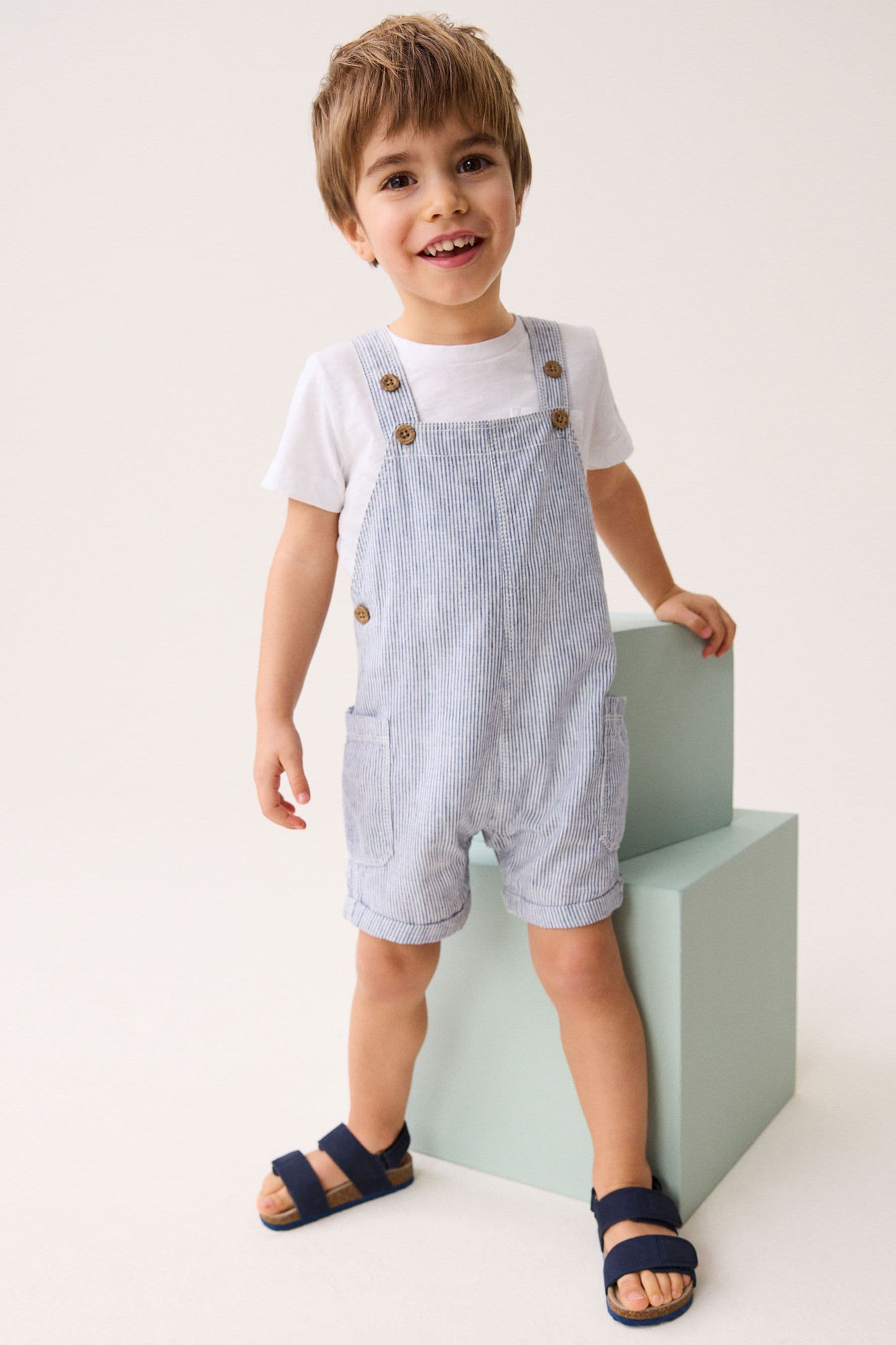 Blue/White Stripe Ticking Stripe Linen Blend Dungarees (3mths-7yrs)