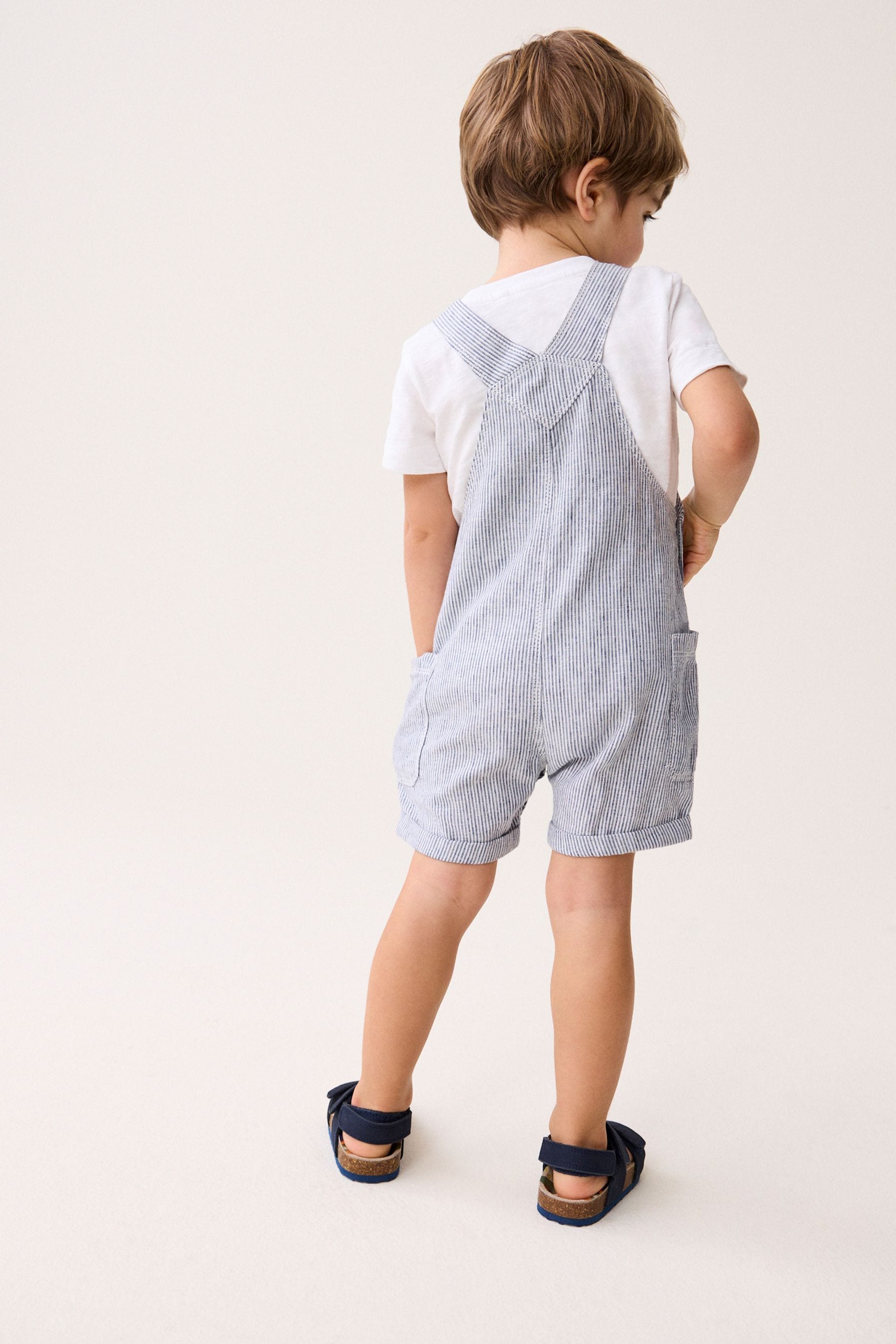 Blue/White Stripe Ticking Stripe Linen Blend Dungarees (3mths-7yrs)