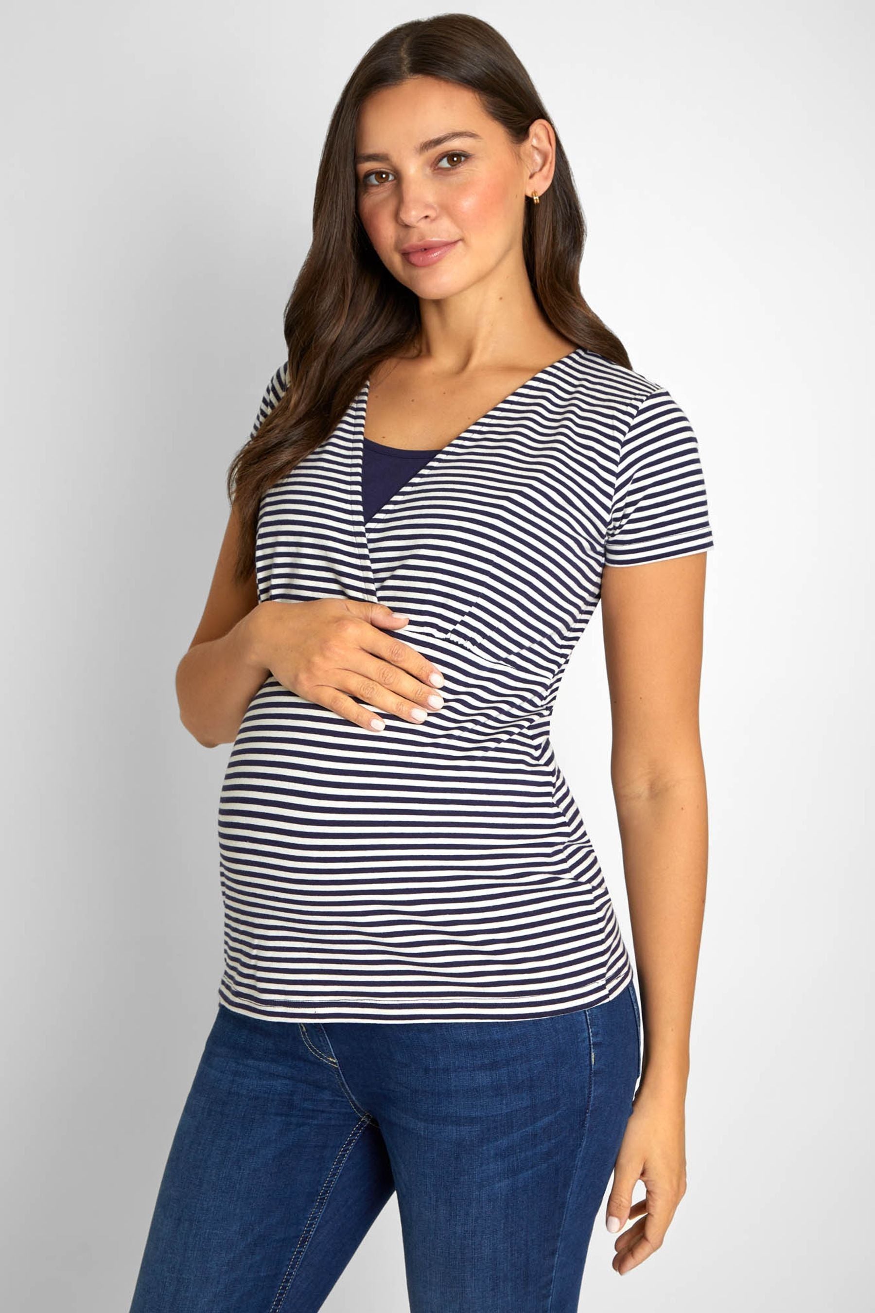 Blue White Stripe & Navy Blue JoJo Maman Bébé 2-Pack Maternity & Nursing T-Shirts