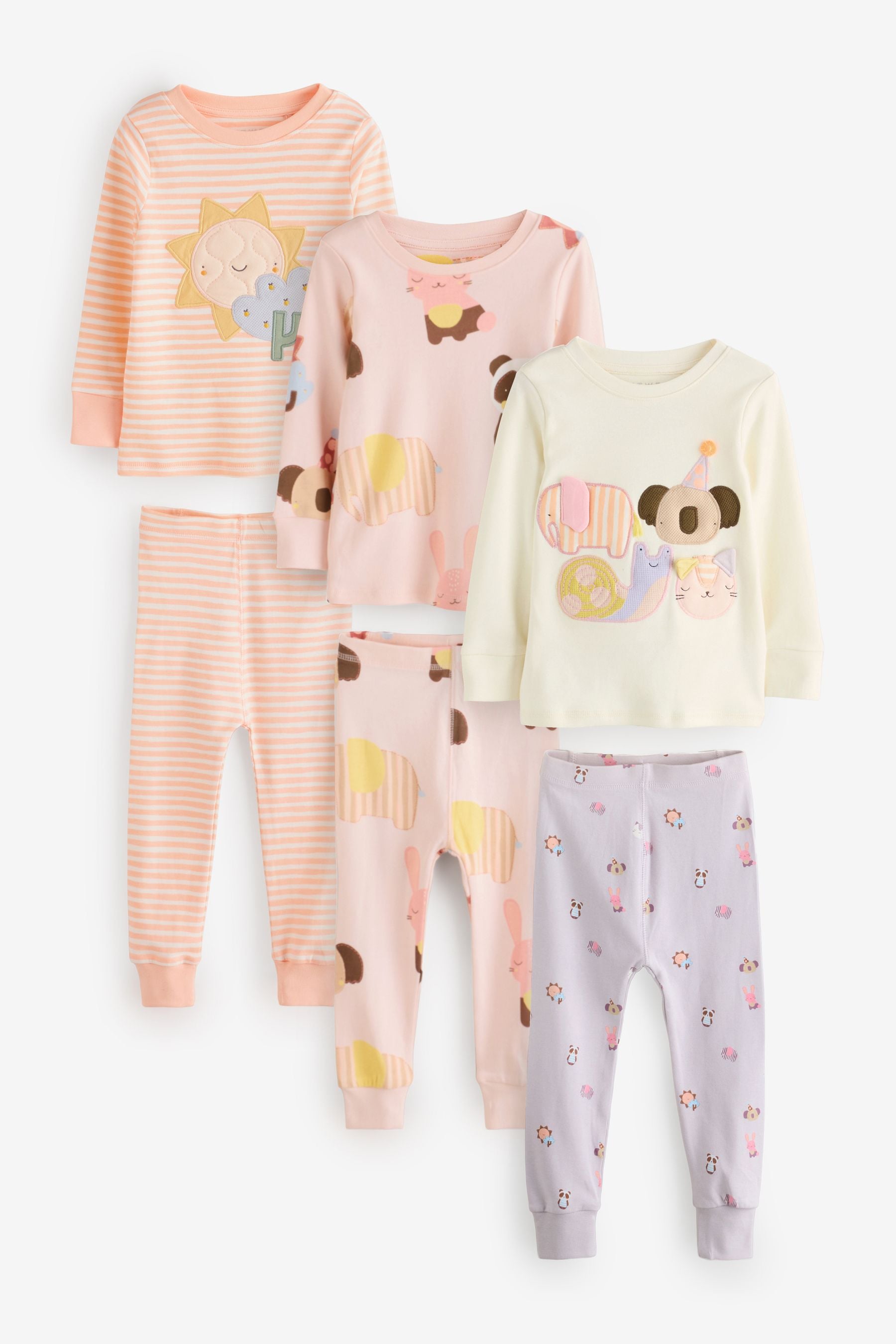 Pastel Character 100% Cotton Long Sleeve Snuggle Pyjamas 3 Pack (9mths-16yrs)