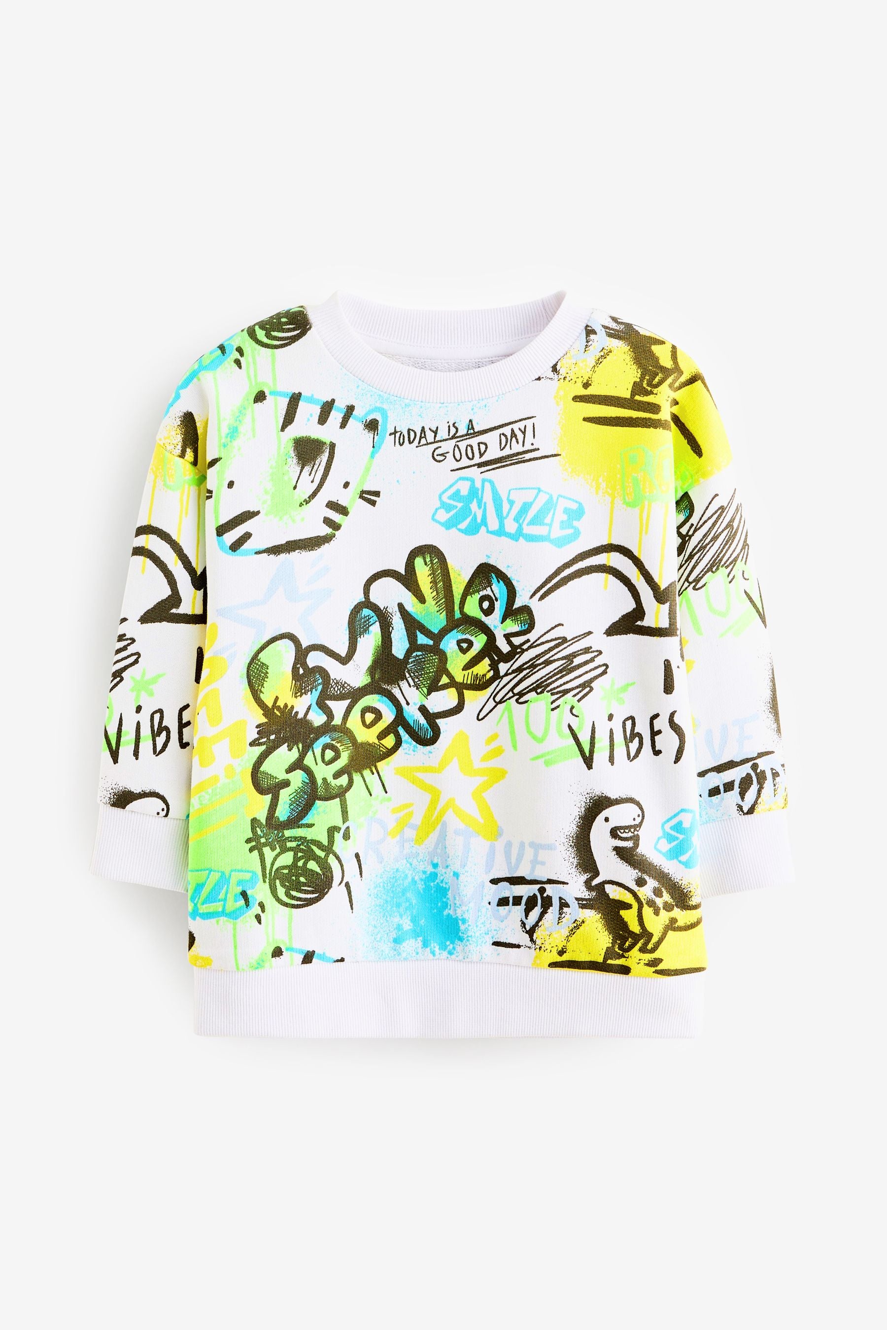 White/Blue All Over Print Graffiti Crew Neck Sweatshirt (3mths-7yrs)