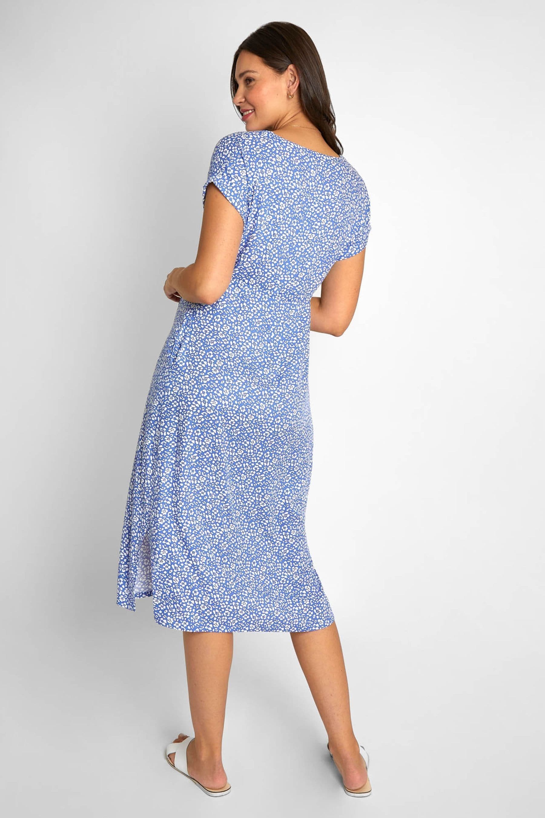 JoJo Maman Bébé Blue Animal Print Button Through V-Neck Maternity Midi Dress