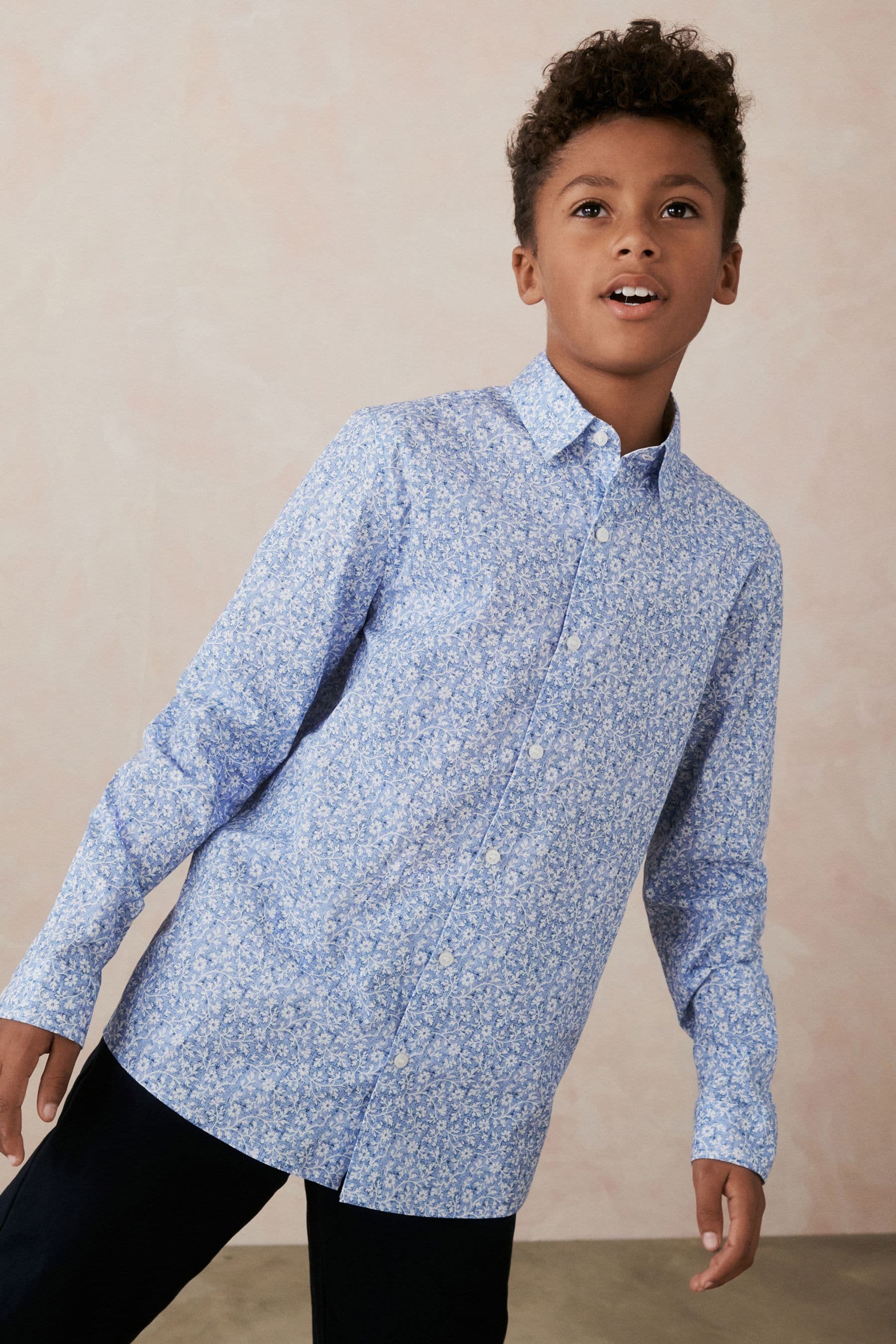 Blue Long Sleeve Floral Print Shirt (3-16yrs)