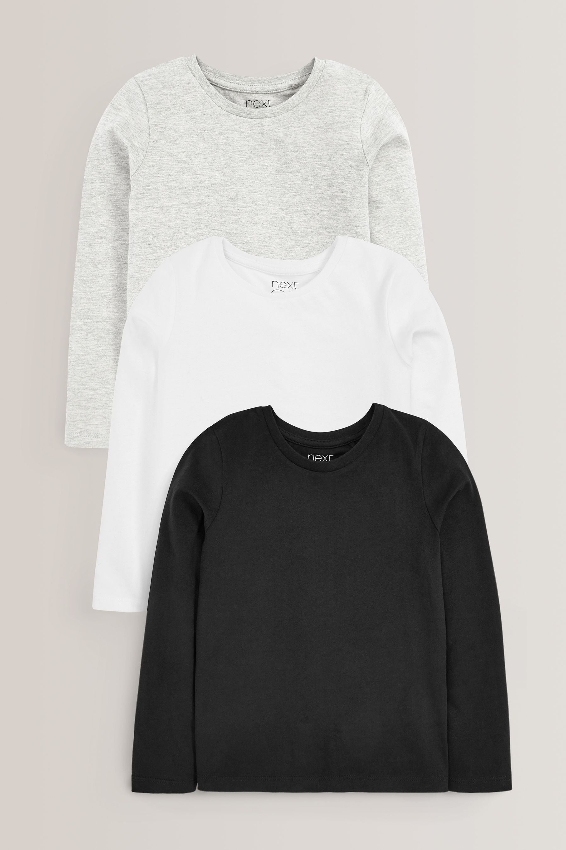 Monochrome Long Sleeve Basic 100% Cotton T-Shirts 3 Pack (3-16yrs)