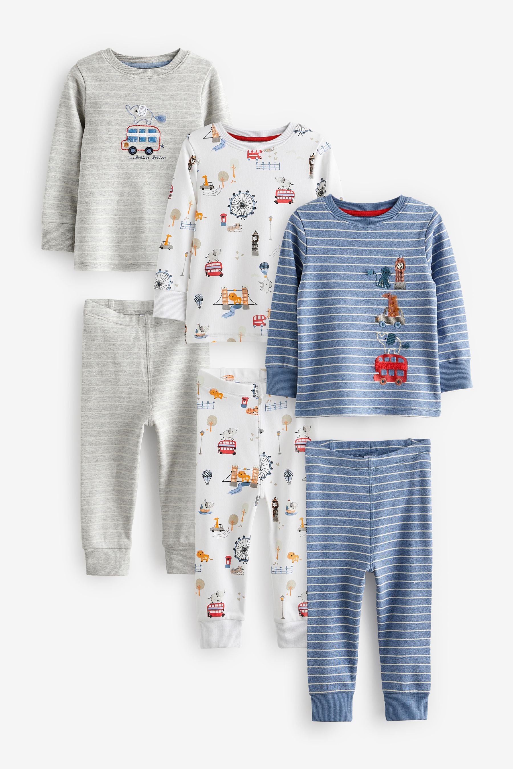 Grey/White/Blue 3 Pack Snuggle Long Sleeve Pyjamas (9mths-8yrs)