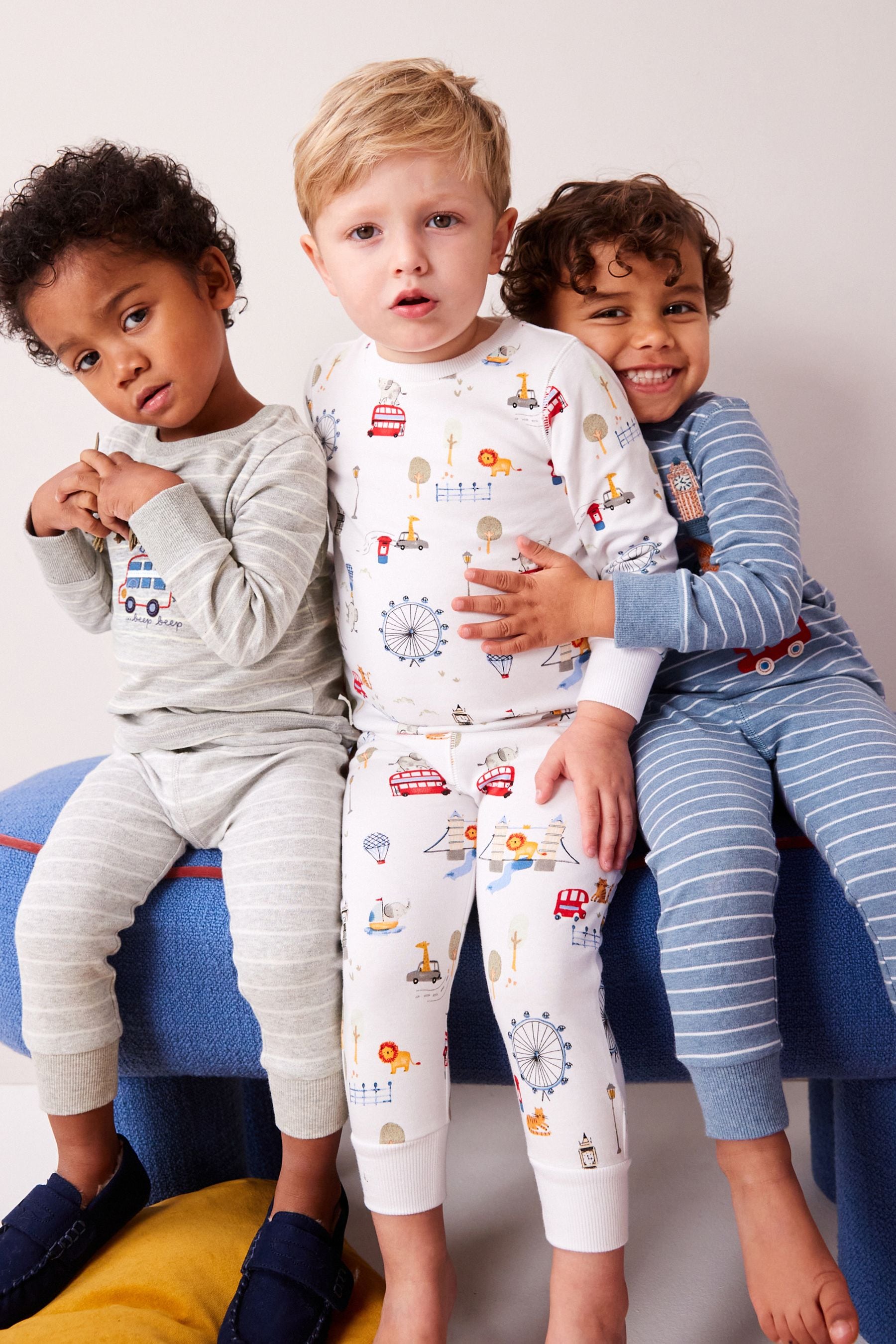 Grey/White/Blue 3 Pack Snuggle Long Sleeve Pyjamas (9mths-8yrs)