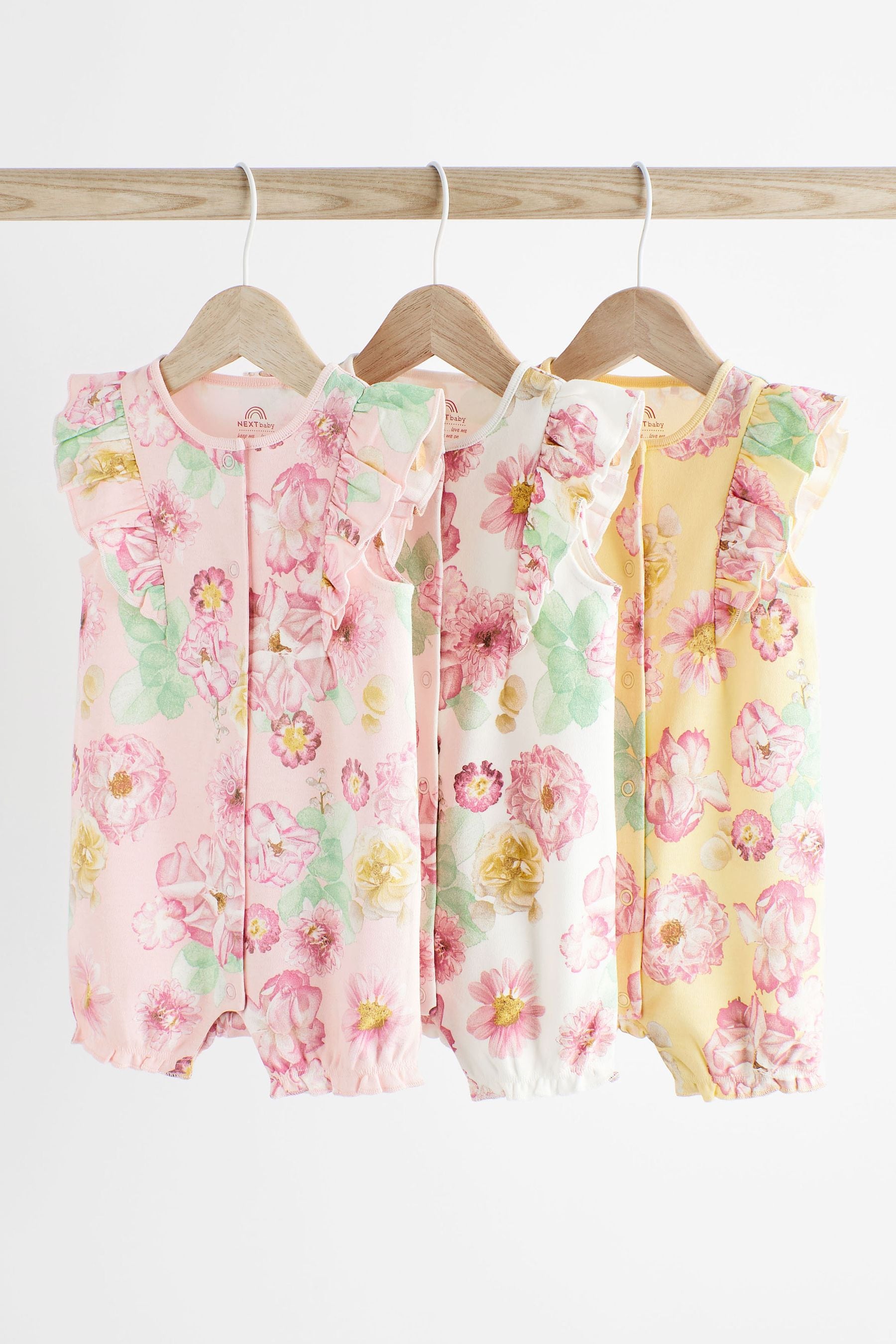 Pink Yellow Floral Baby 100% Cotton Rompers 3 Pack