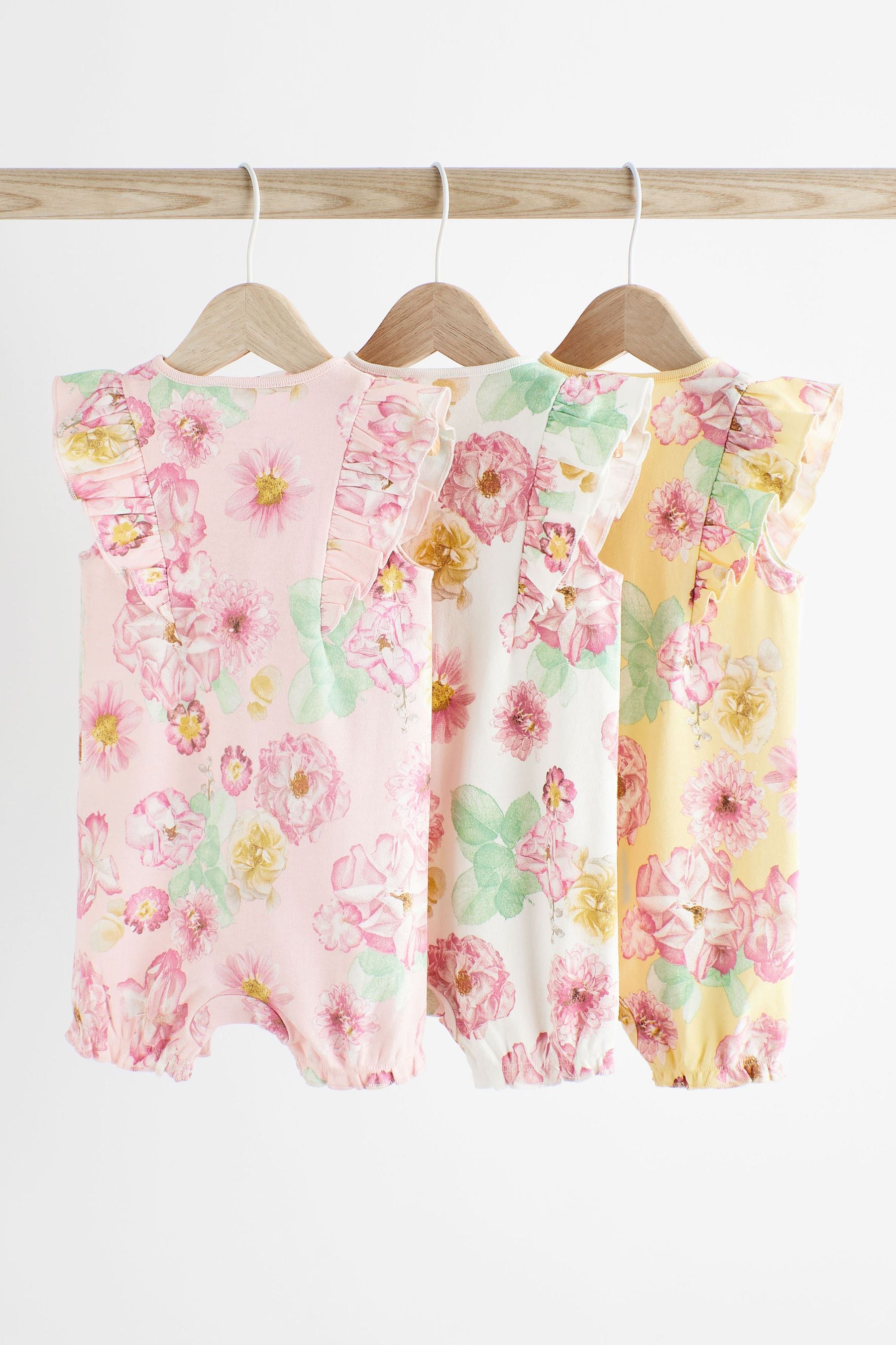 Pink Yellow Floral Baby 100% Cotton Rompers 3 Pack