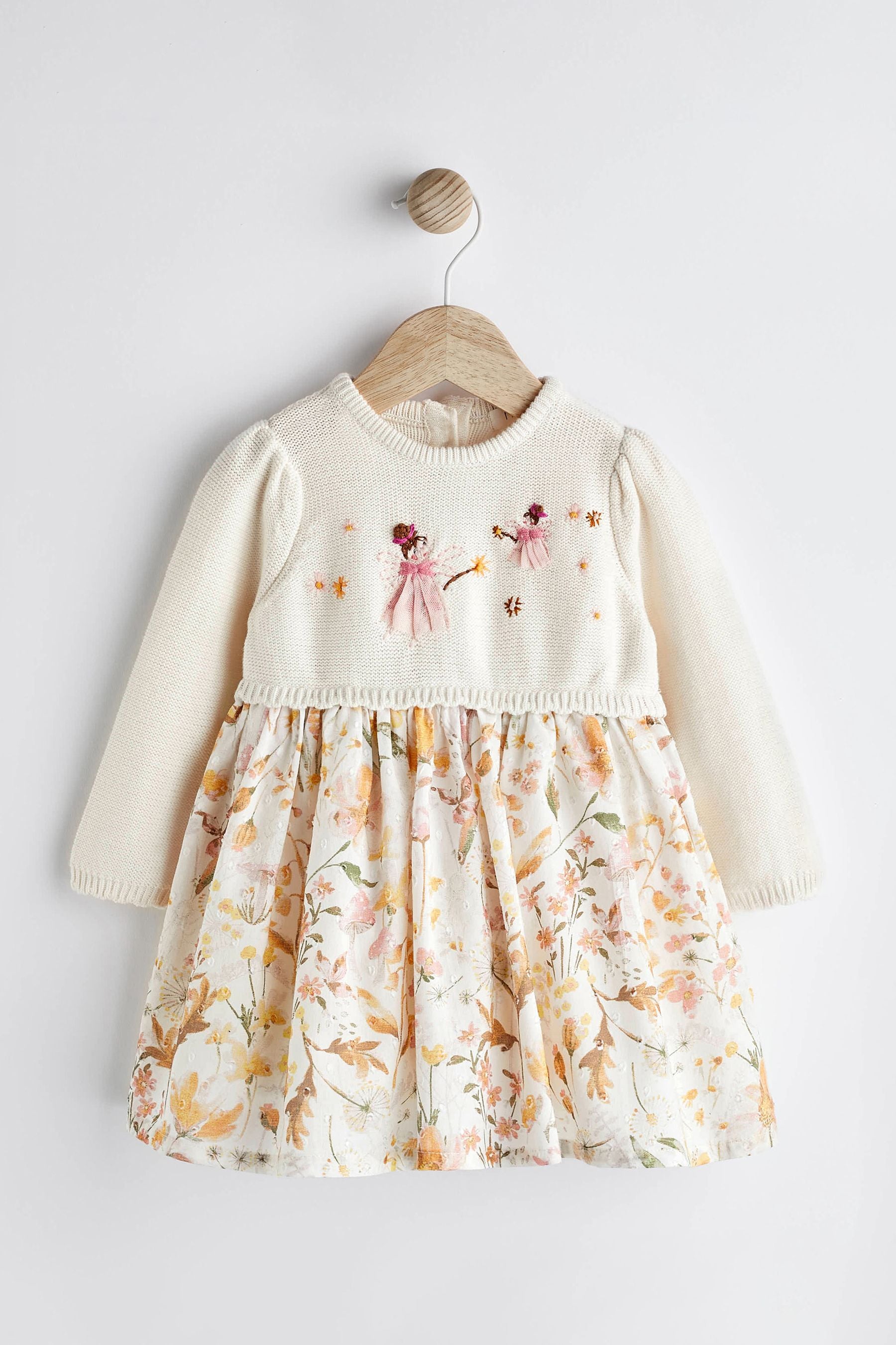 Cream Floral Bunny Embroidery Baby Dress (0mths-2yrs)