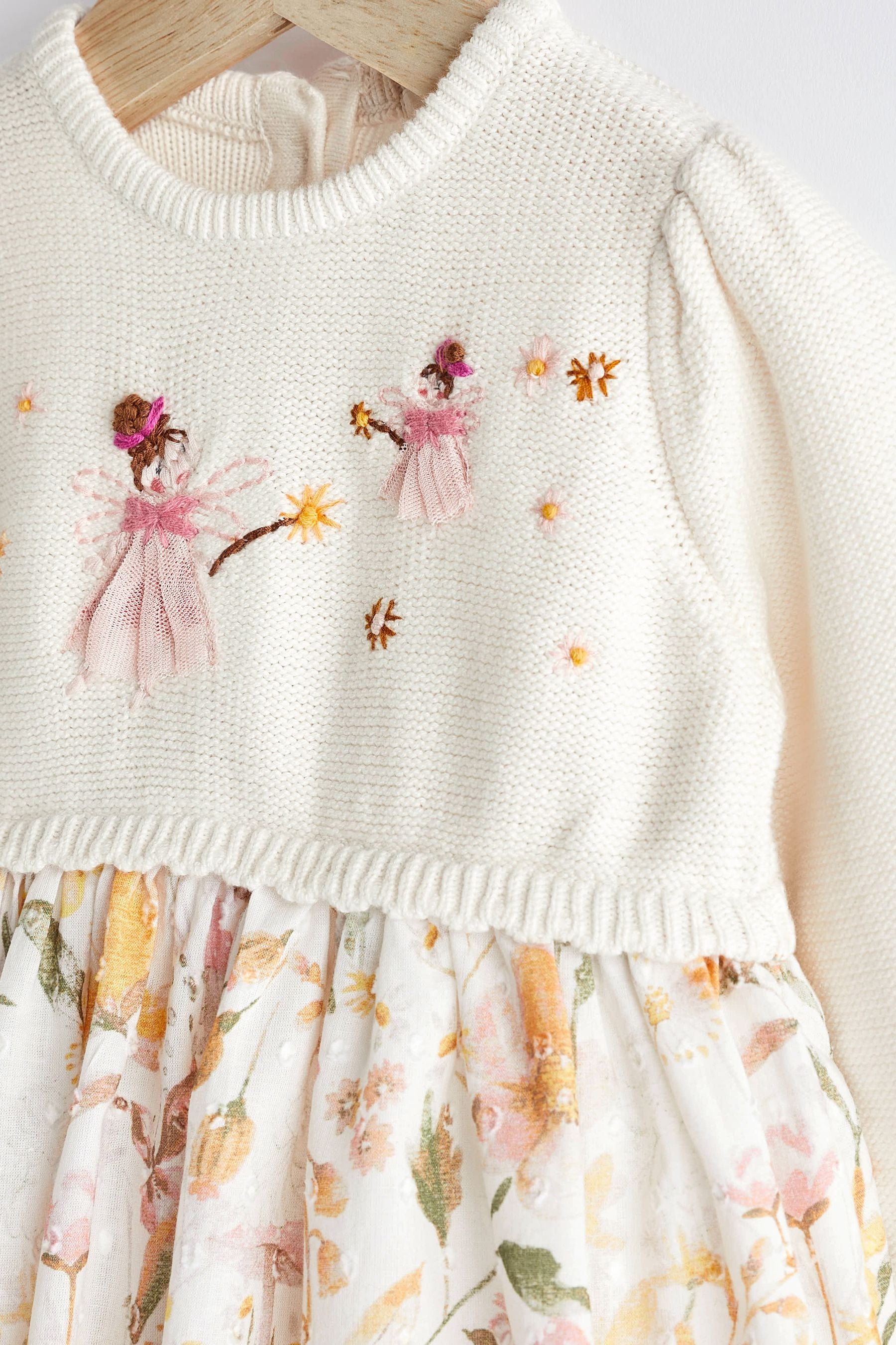 Cream Floral Bunny Embroidery Baby Dress (0mths-2yrs)