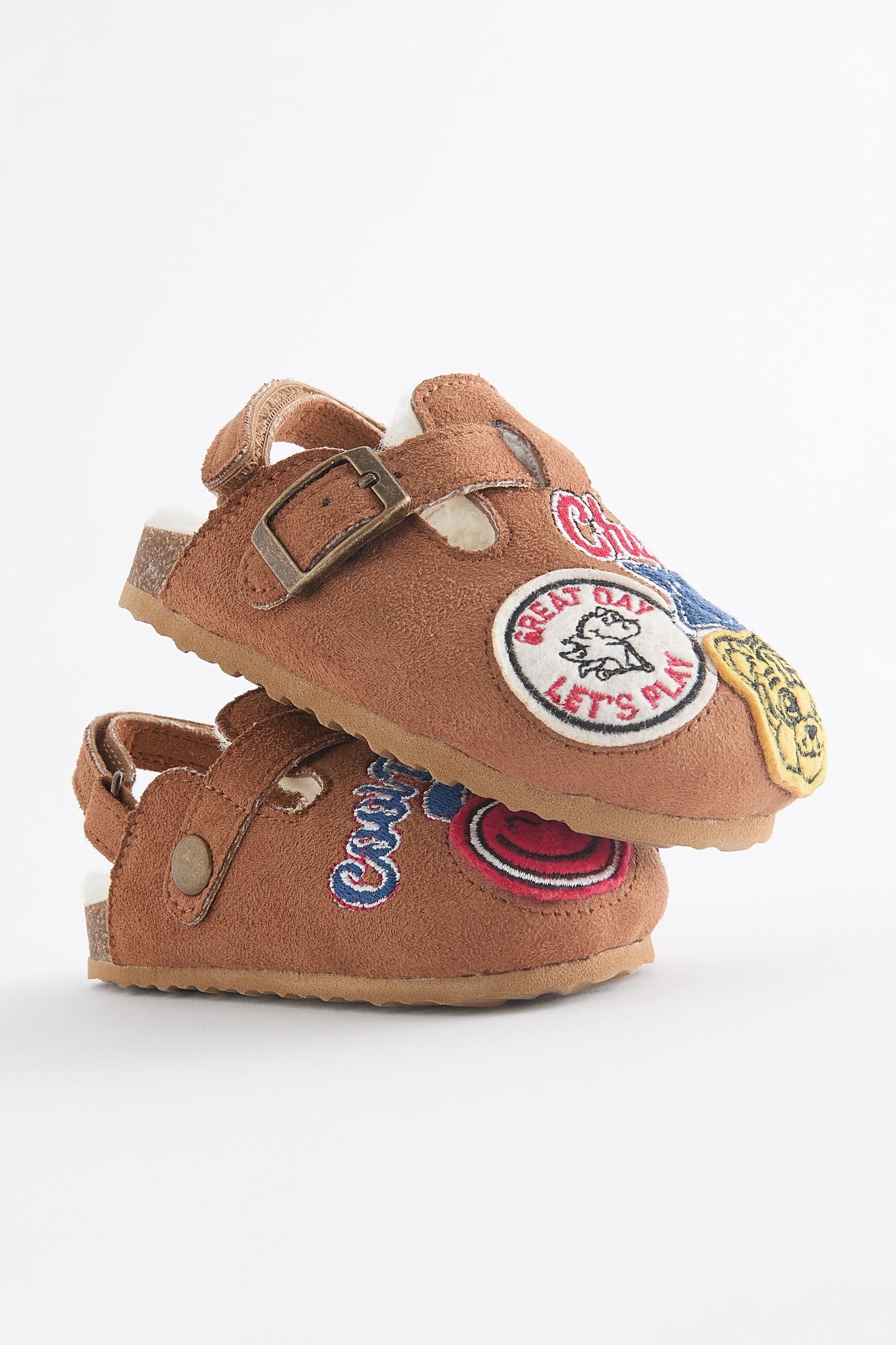 Tan Brown Varsity Badge Faux Fur Lined Clog Slippers