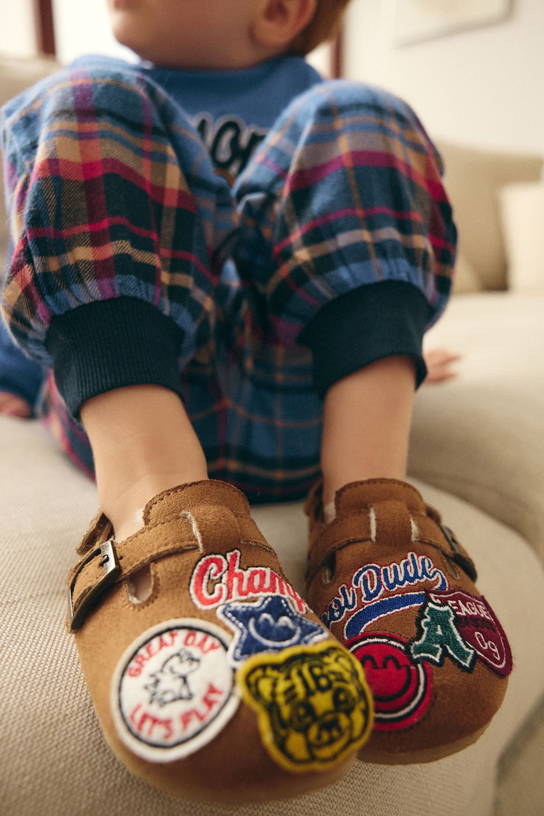 Tan Brown Varsity Badge Faux Fur Lined Clog Slippers