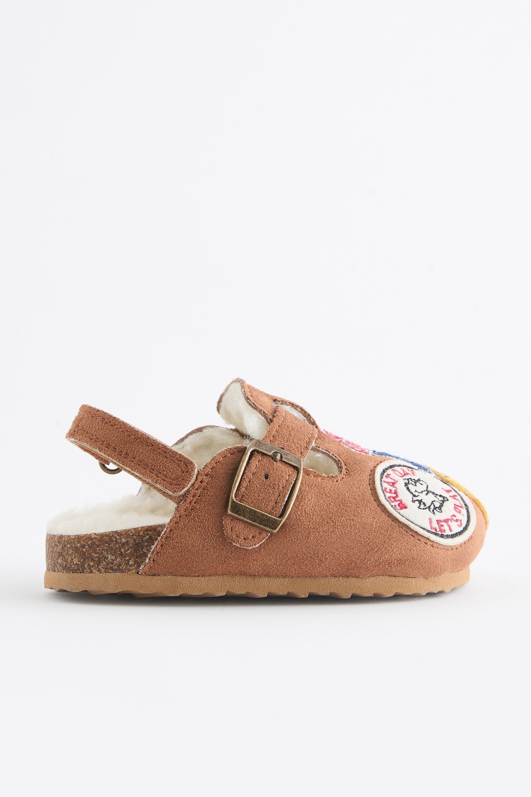 Tan Brown Varsity Badge Faux Fur Lined Clog Slippers