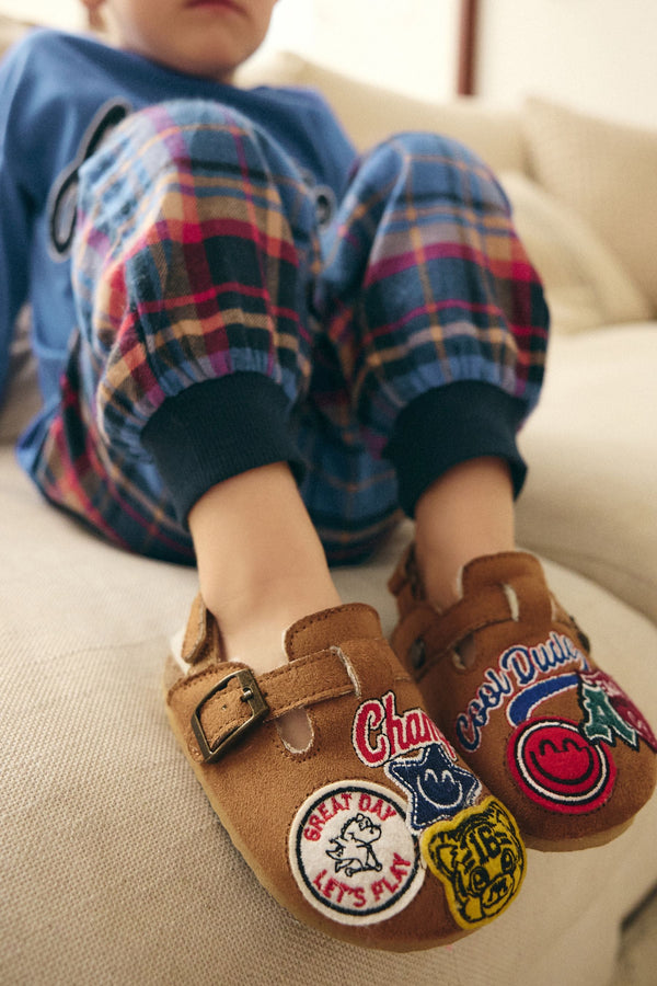 Tan Brown Varsity Badge Faux Fur Lined Clog Slippers