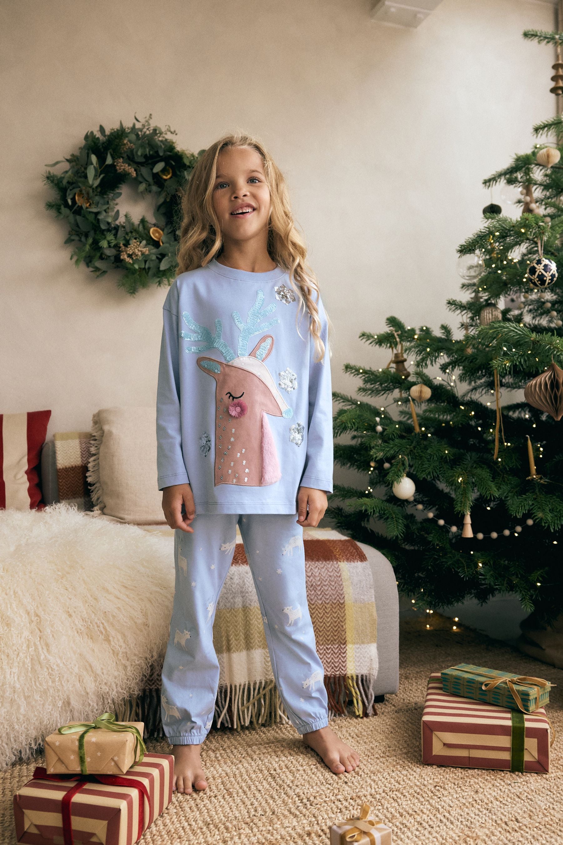 Blue 100% Cotton Reindeer Christmas Joggers (3-16yrs)