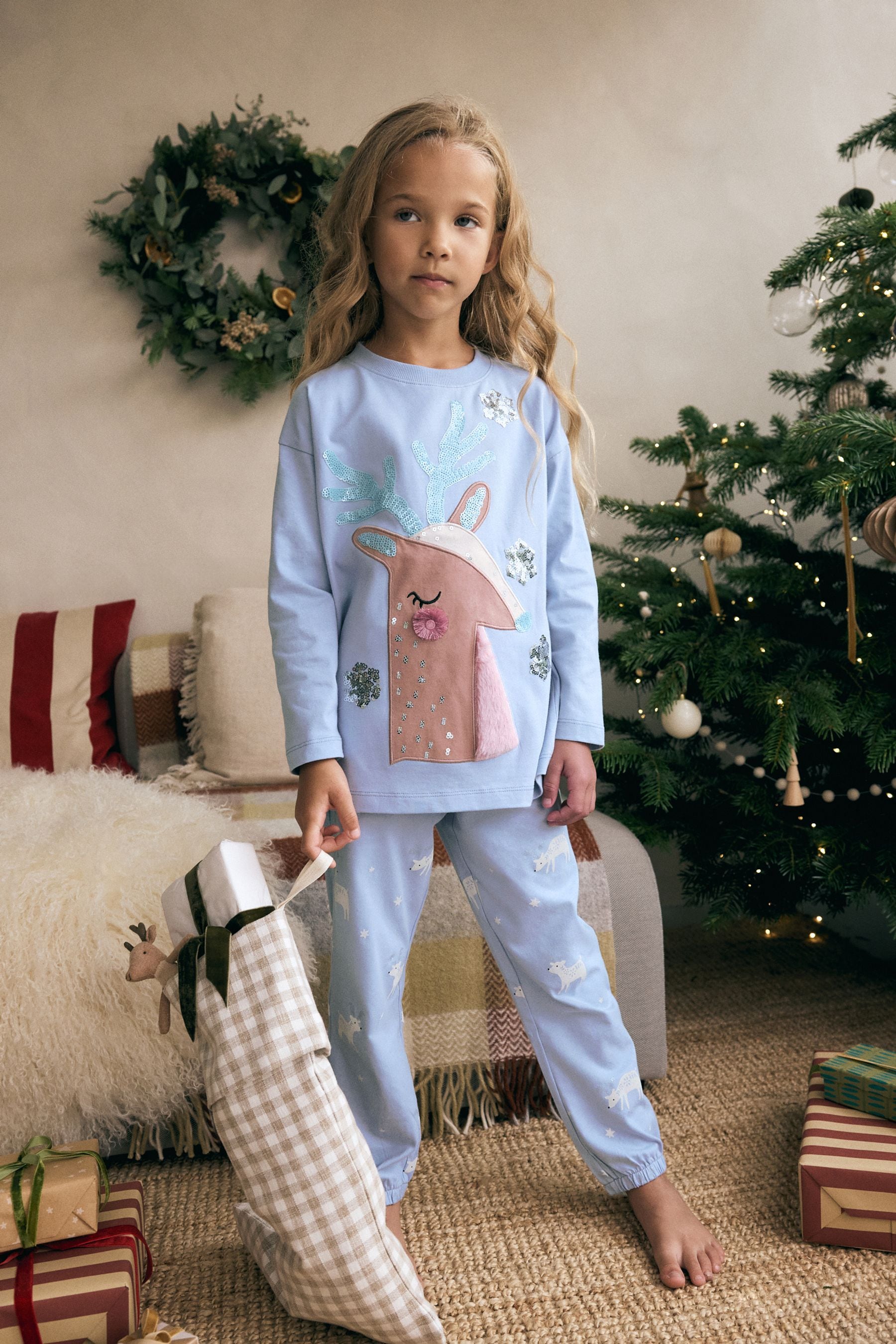 Blue 100% Cotton Reindeer Christmas Joggers (3-16yrs)