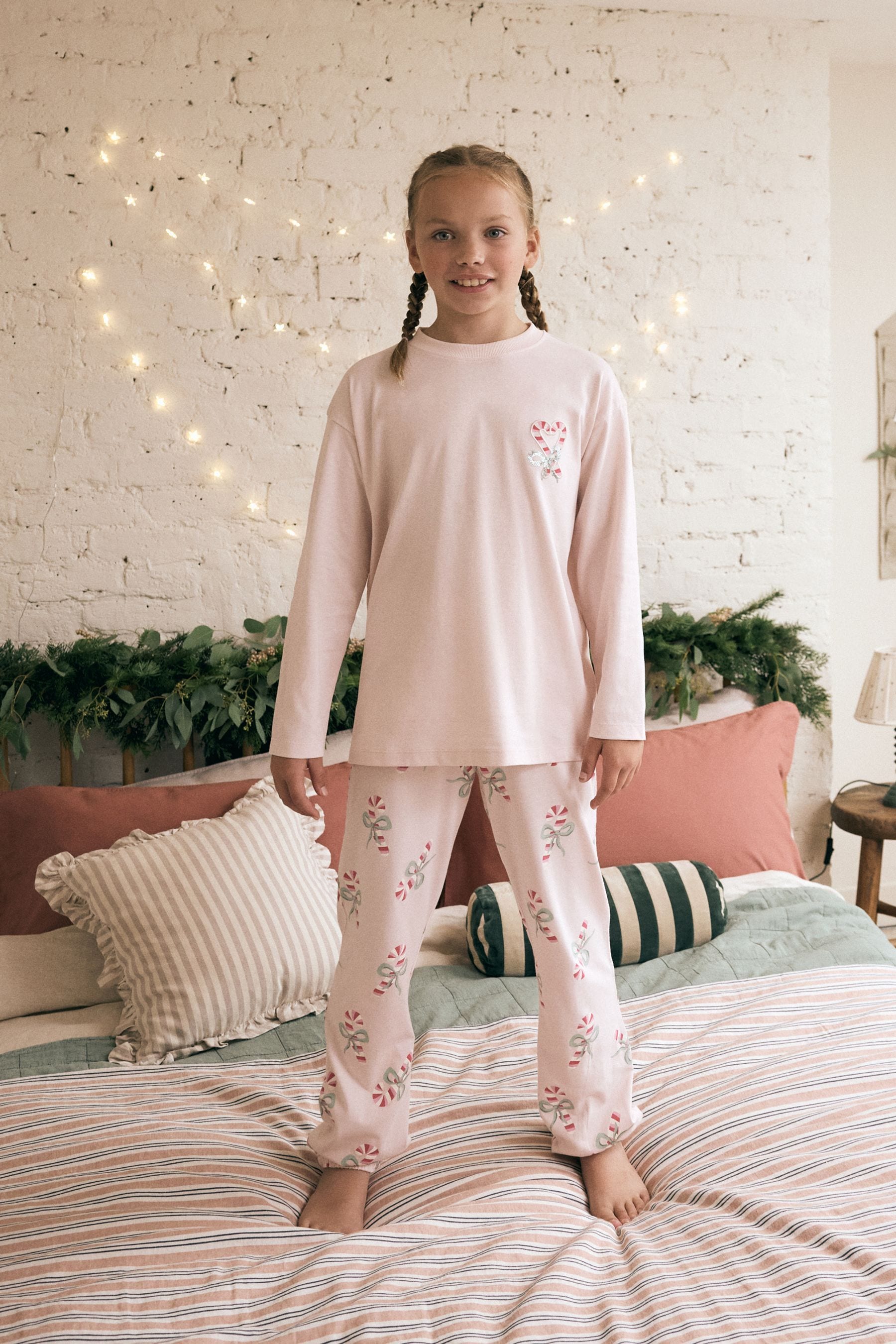 Pink/Cream 100% Cotton Candy Cane Pyjamas (3-16yrs)