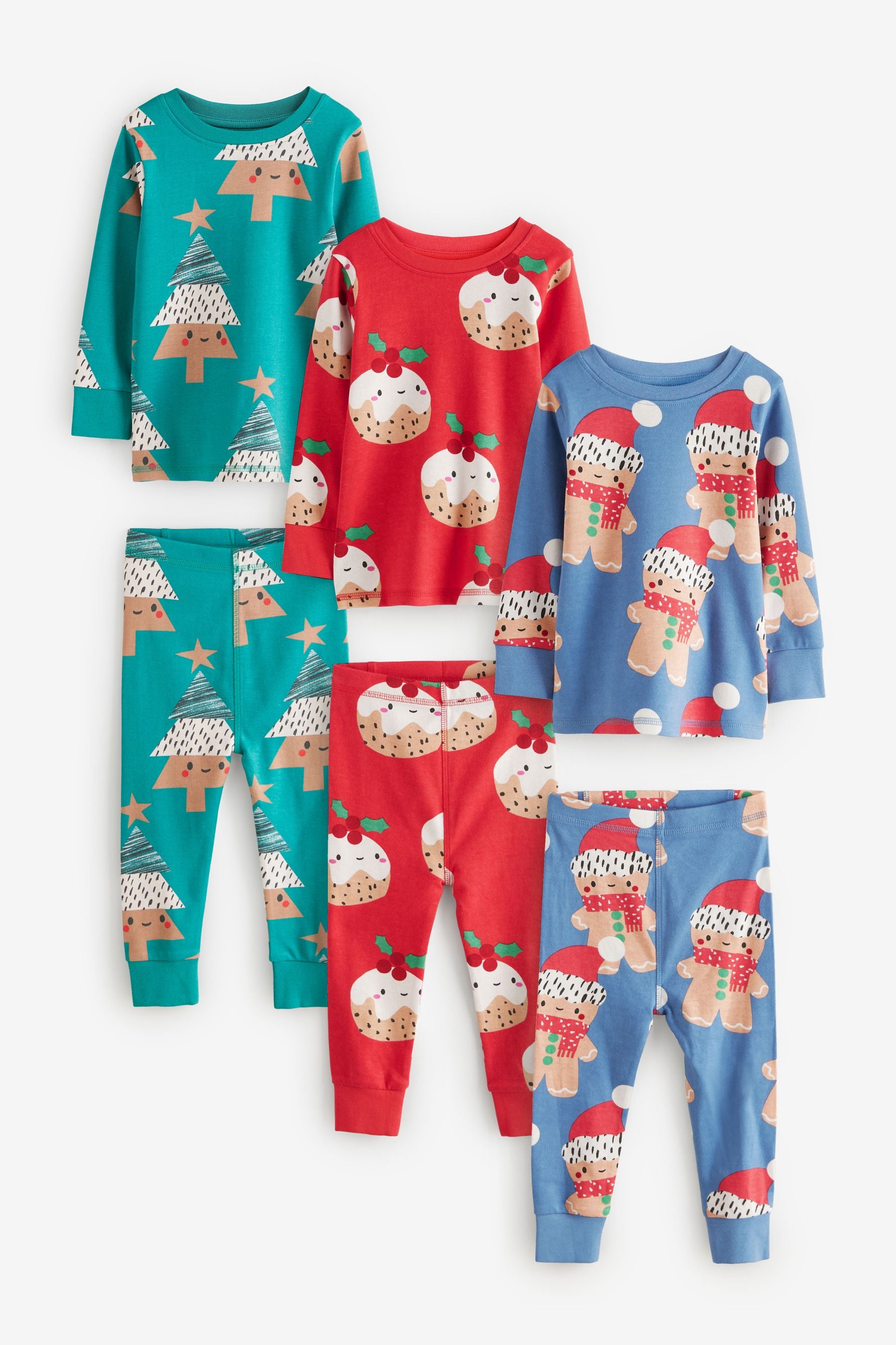 Red/Blue/Green Christmas 100% Cotton Snuggle Pyjamas 3 Pack (9mths-12yrs)