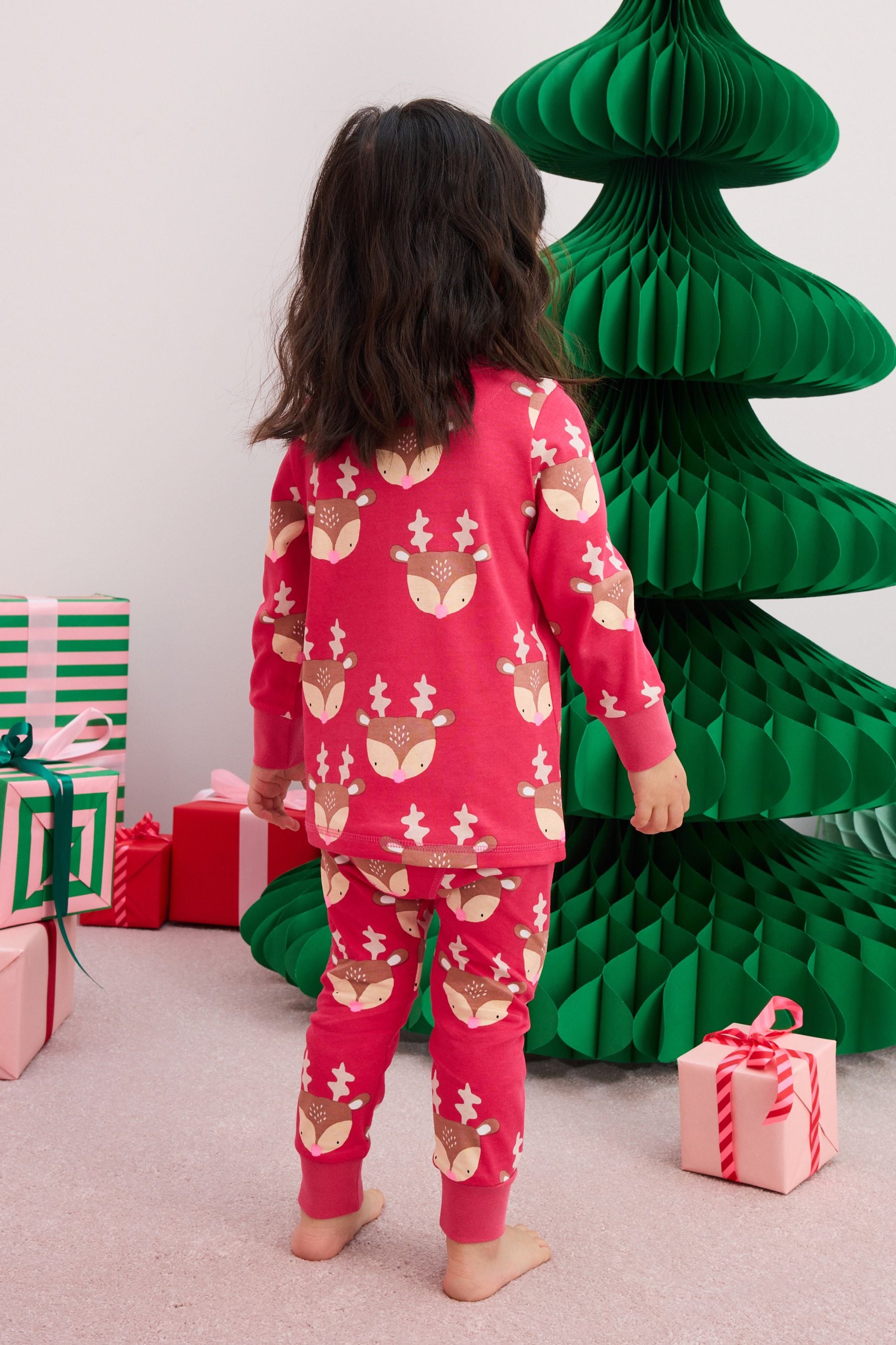 Raspberry Pink Reindeer 100% Cotton Christmas Pyjamas (9mths-16yrs)