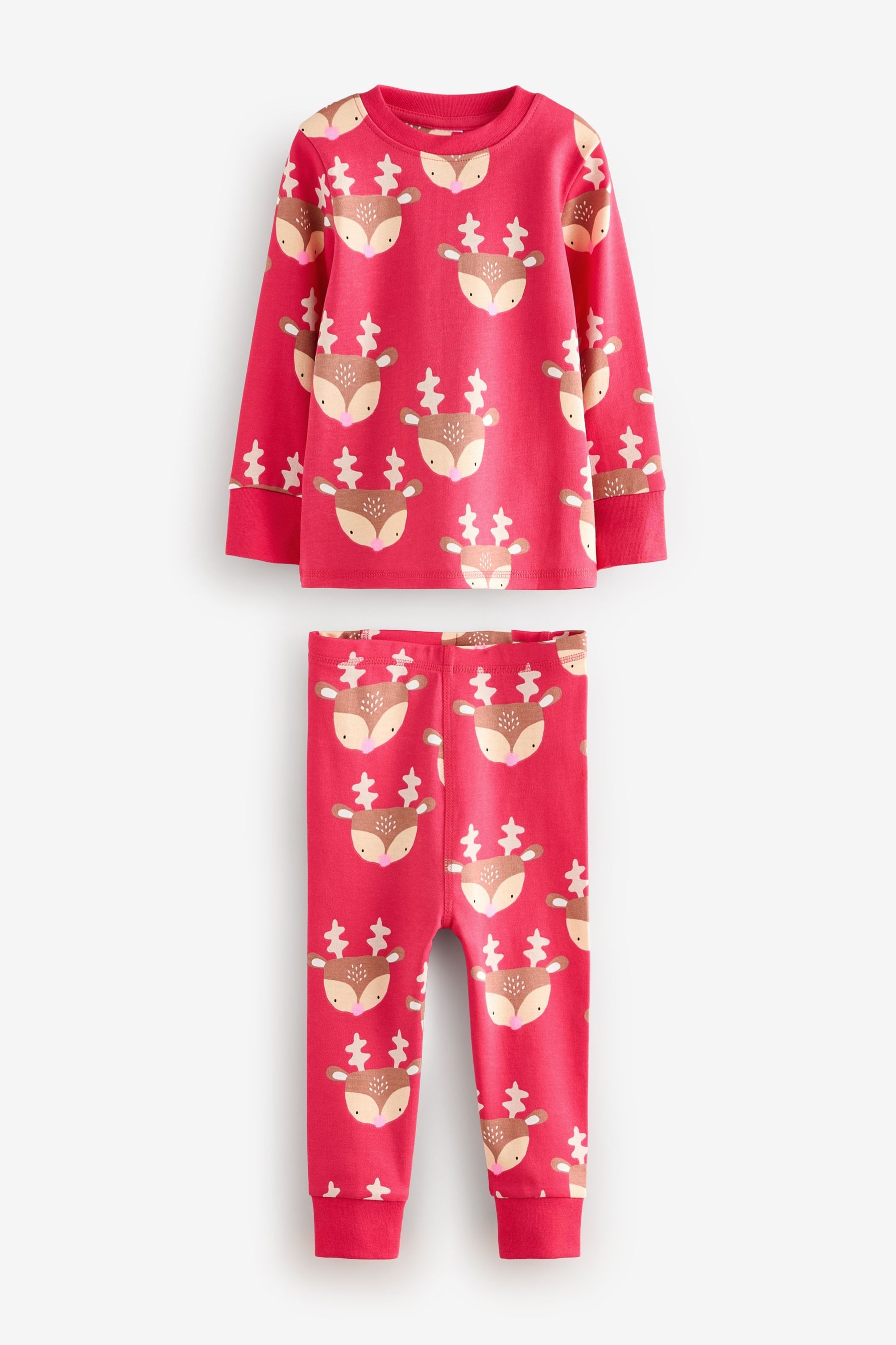 Raspberry Pink Reindeer 100% Cotton Christmas Jogger Pyjamas (9mths-16yrs)