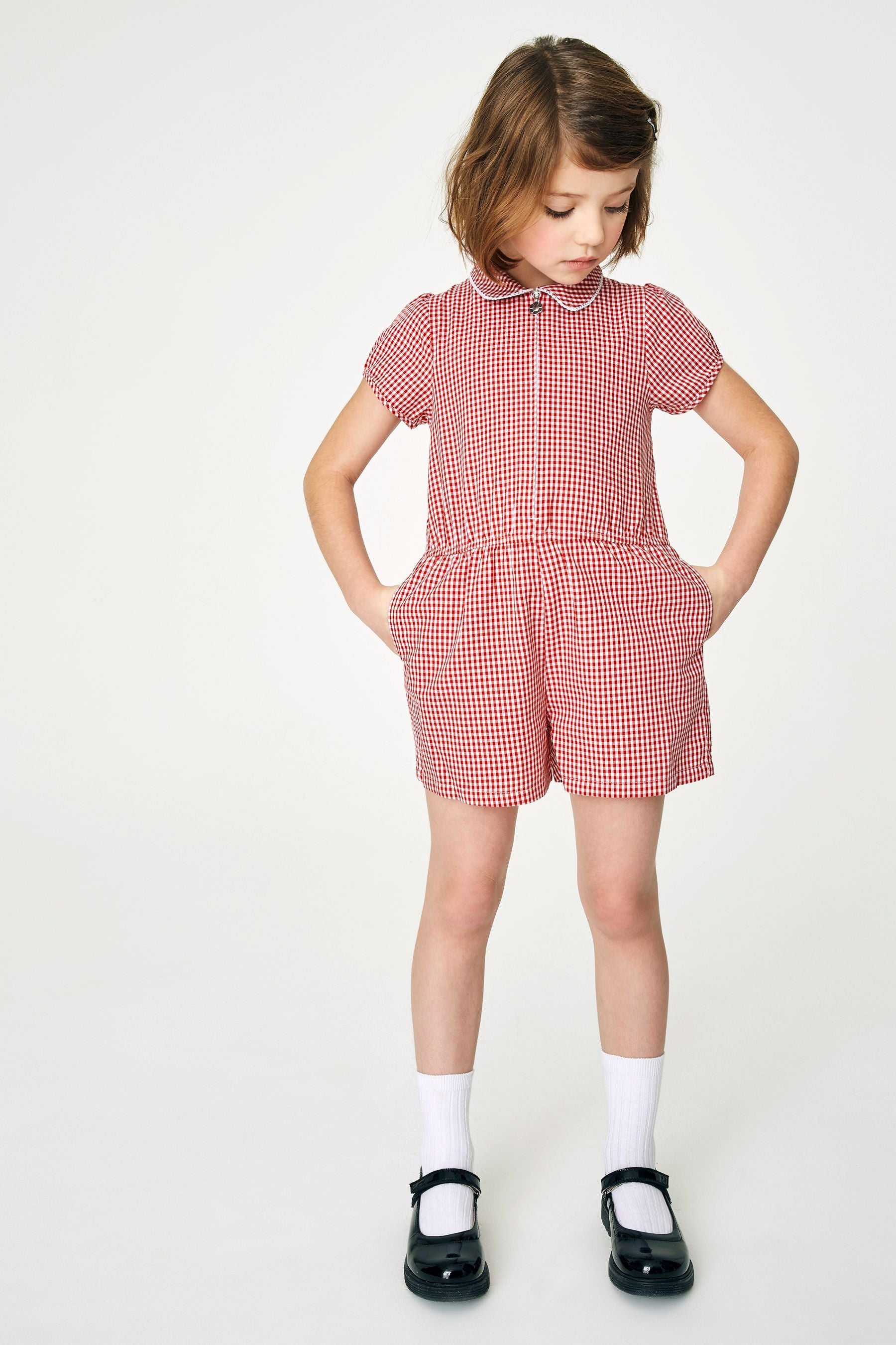 Red Zip Front Cotton Rich Gingham School Playsuit (3-14yrs)