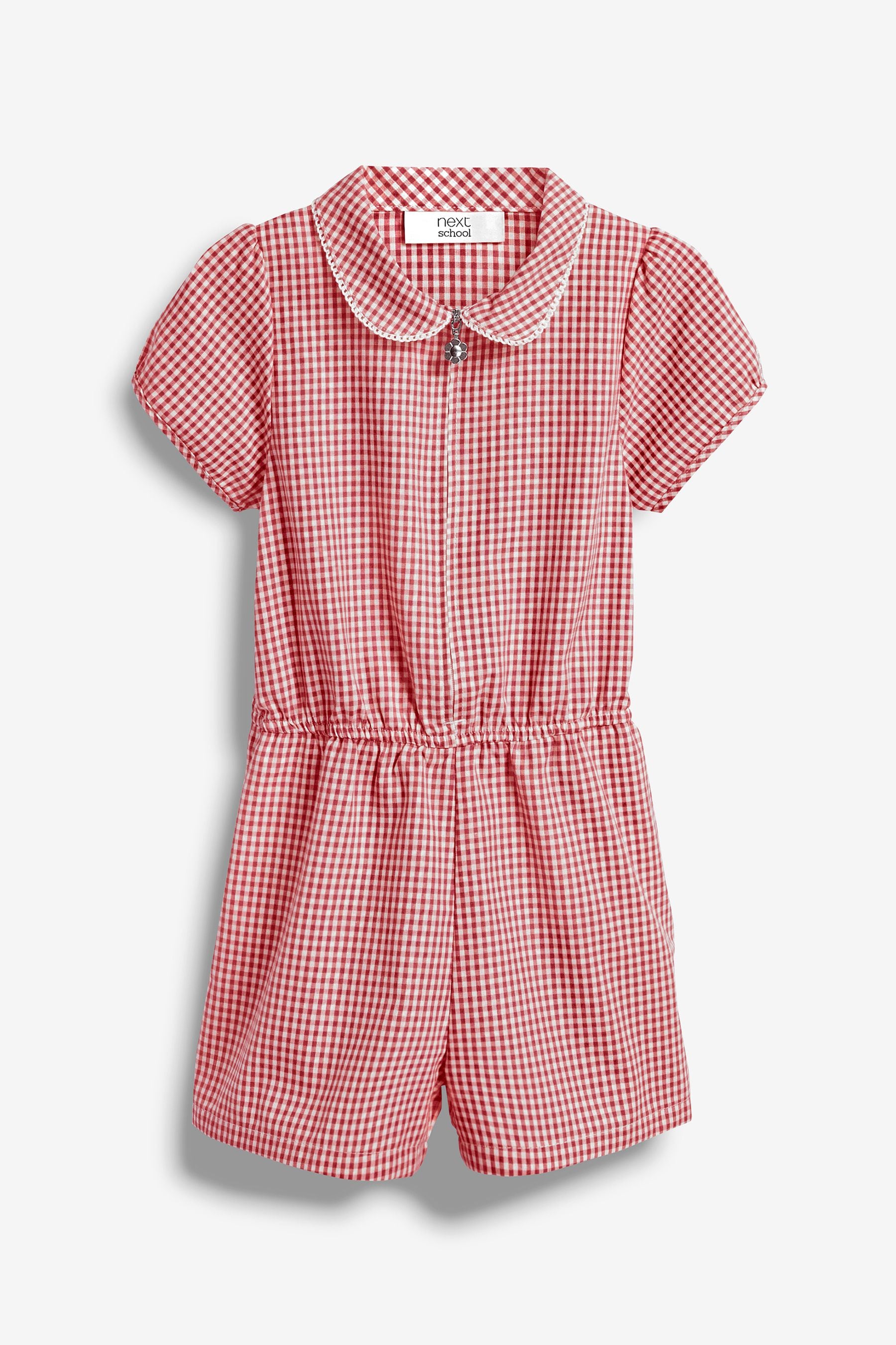 Red Zip Front Cotton Rich Gingham School Playsuit (3-14yrs)