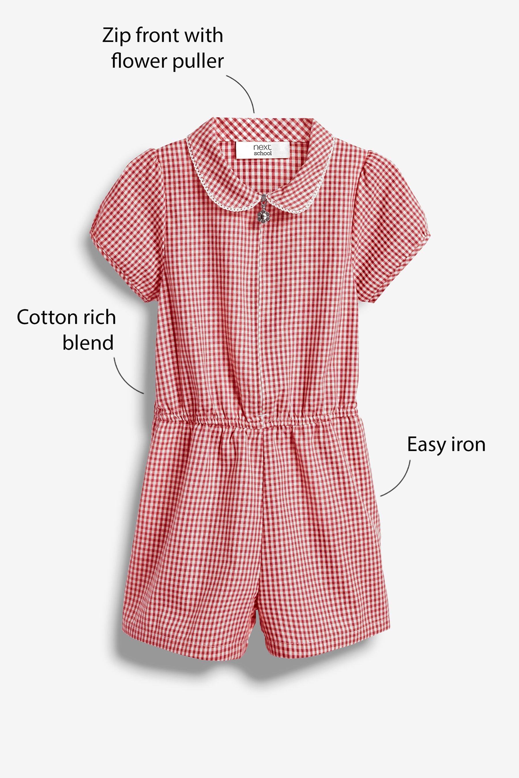 Red Zip Front Cotton Rich Gingham School Playsuit (3-14yrs)