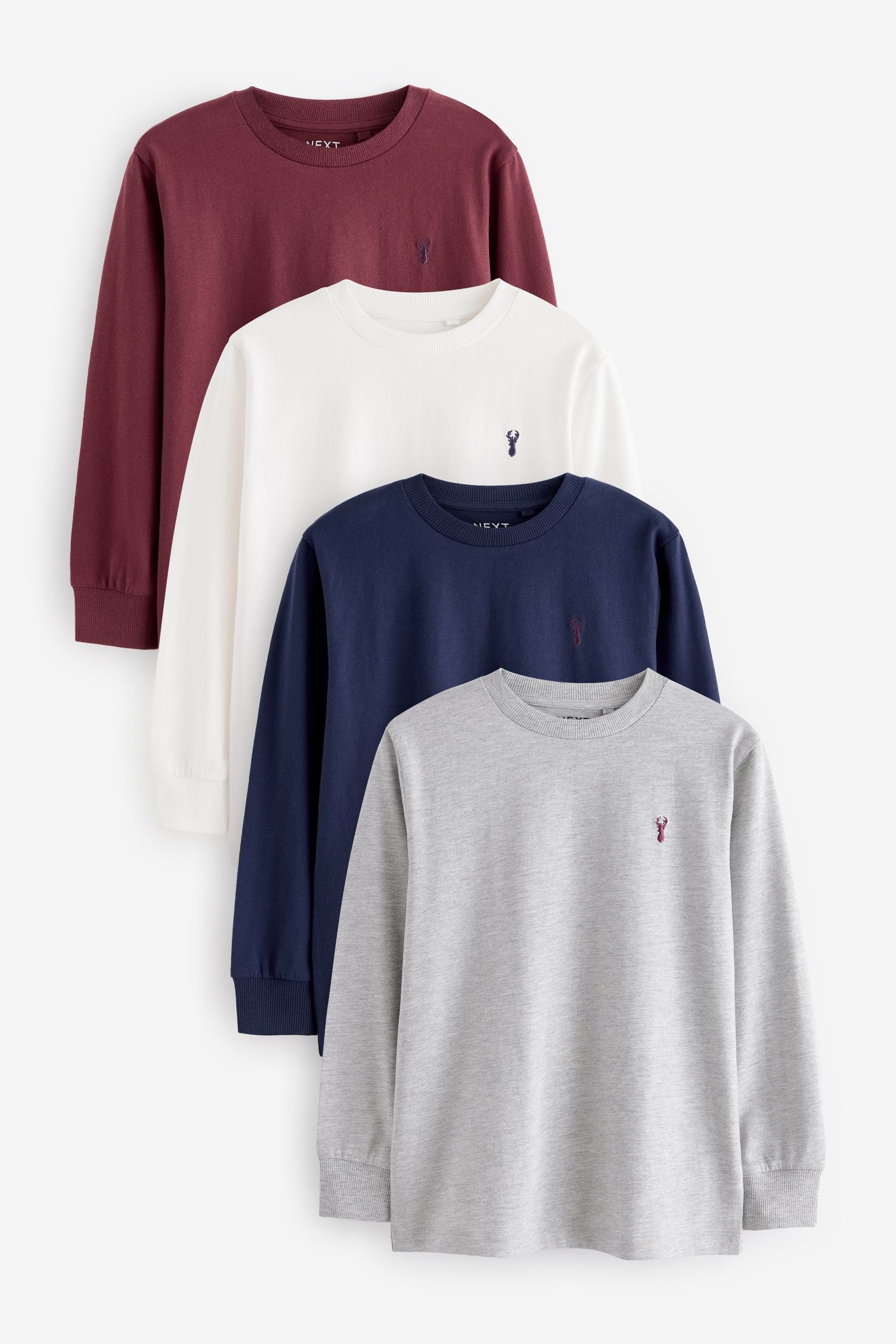 Berry Red/Grey/White/Blue Long Sleeve Cosy T-Shirts 4 Pack (3-16yrs)