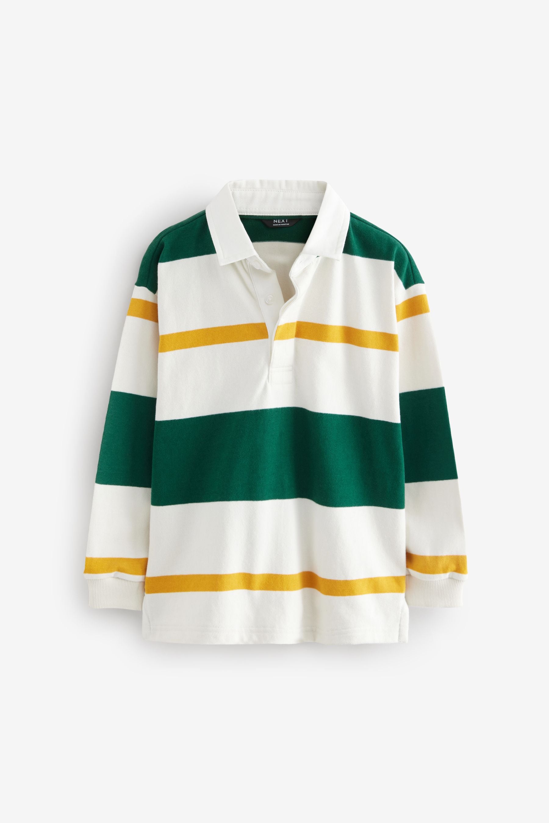 Green/Ecru White Stripe Long Sleeve Rugby 100% Cotton Polo Shirt (3-16yrs)