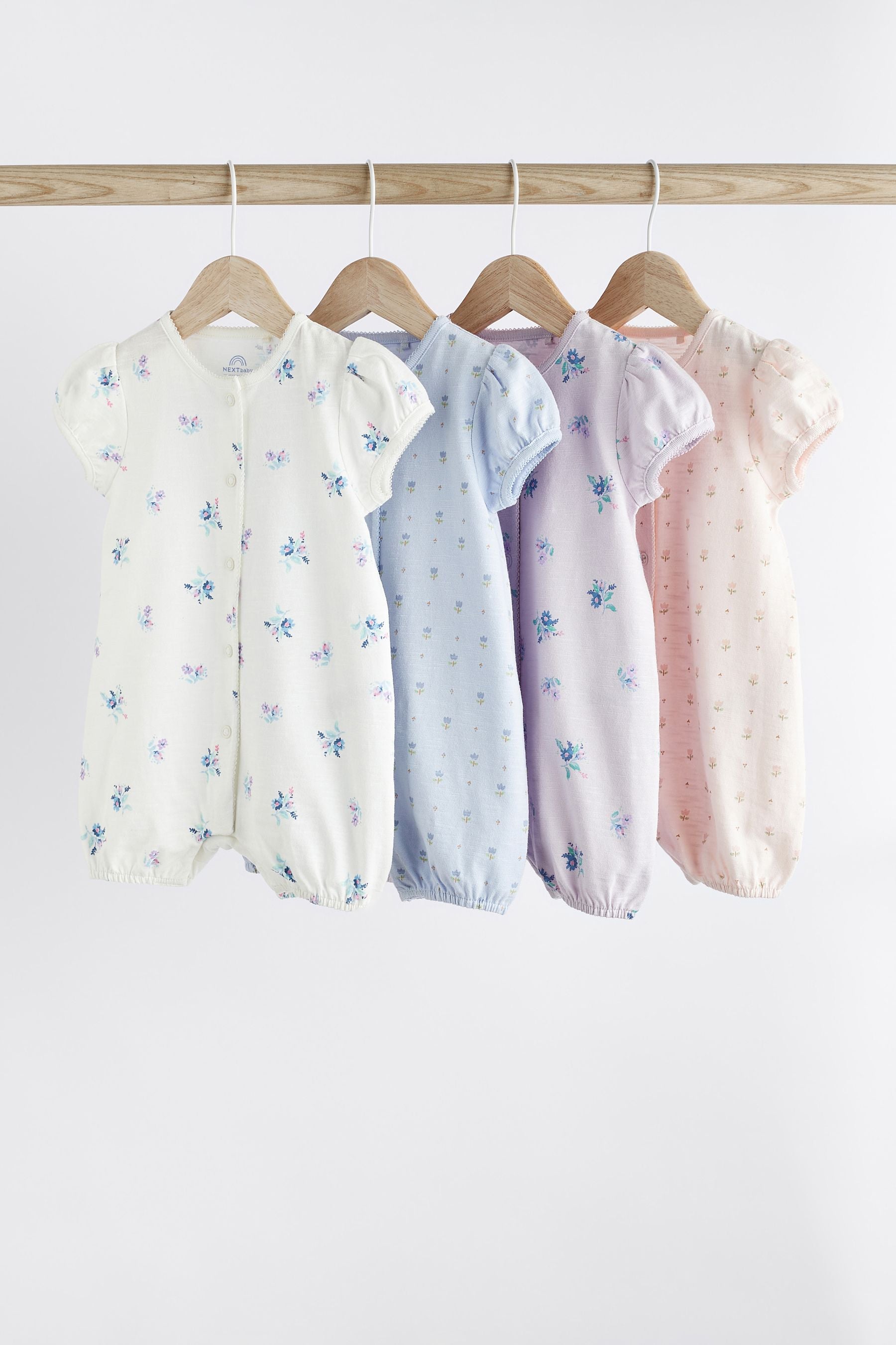 Pink/ Blue Floral Baby 100% Cotton Rompers 4 Pack