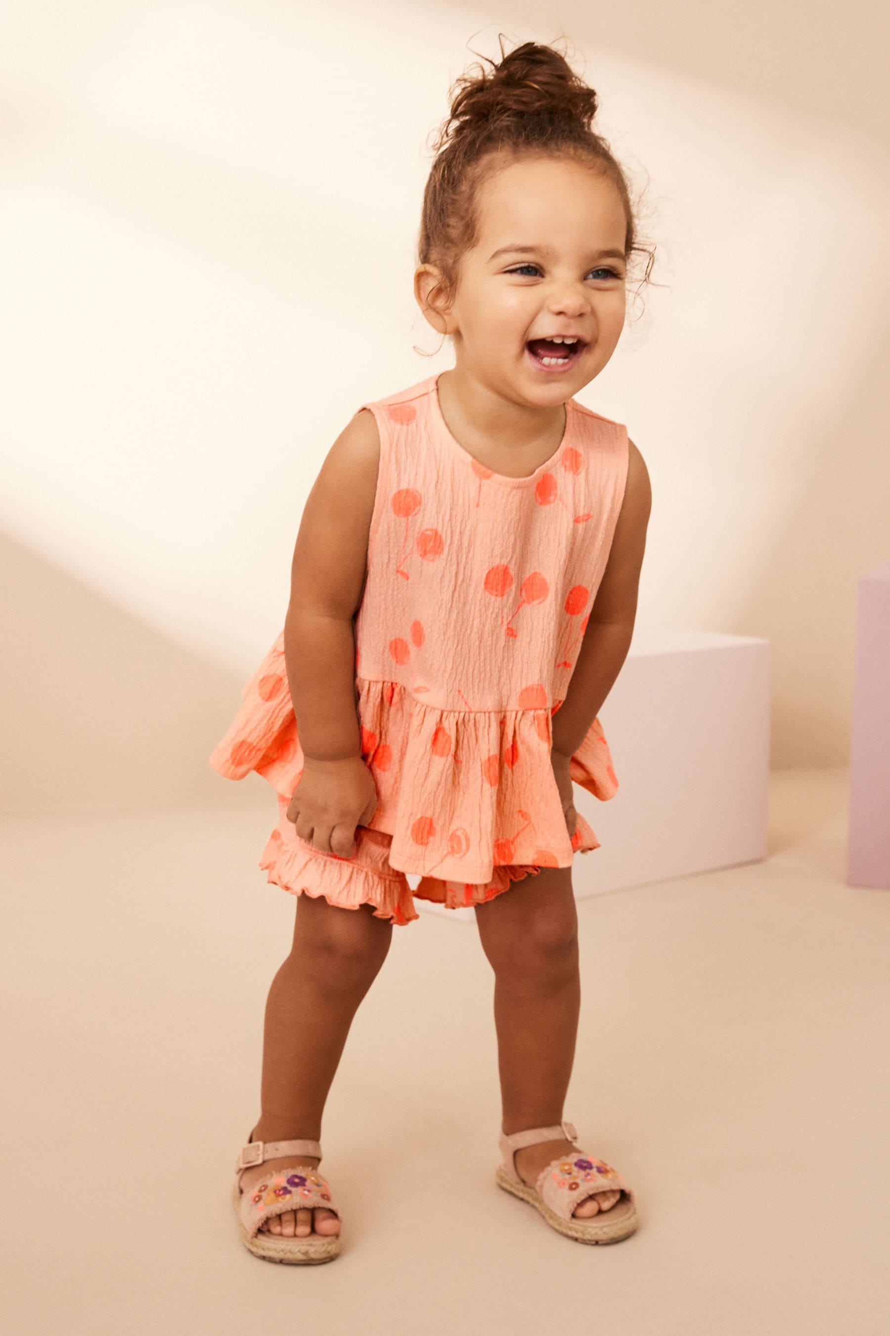 Orange Spot Textured Sleeveless Peplum Top and Shorts Set (3mths-7yrs)