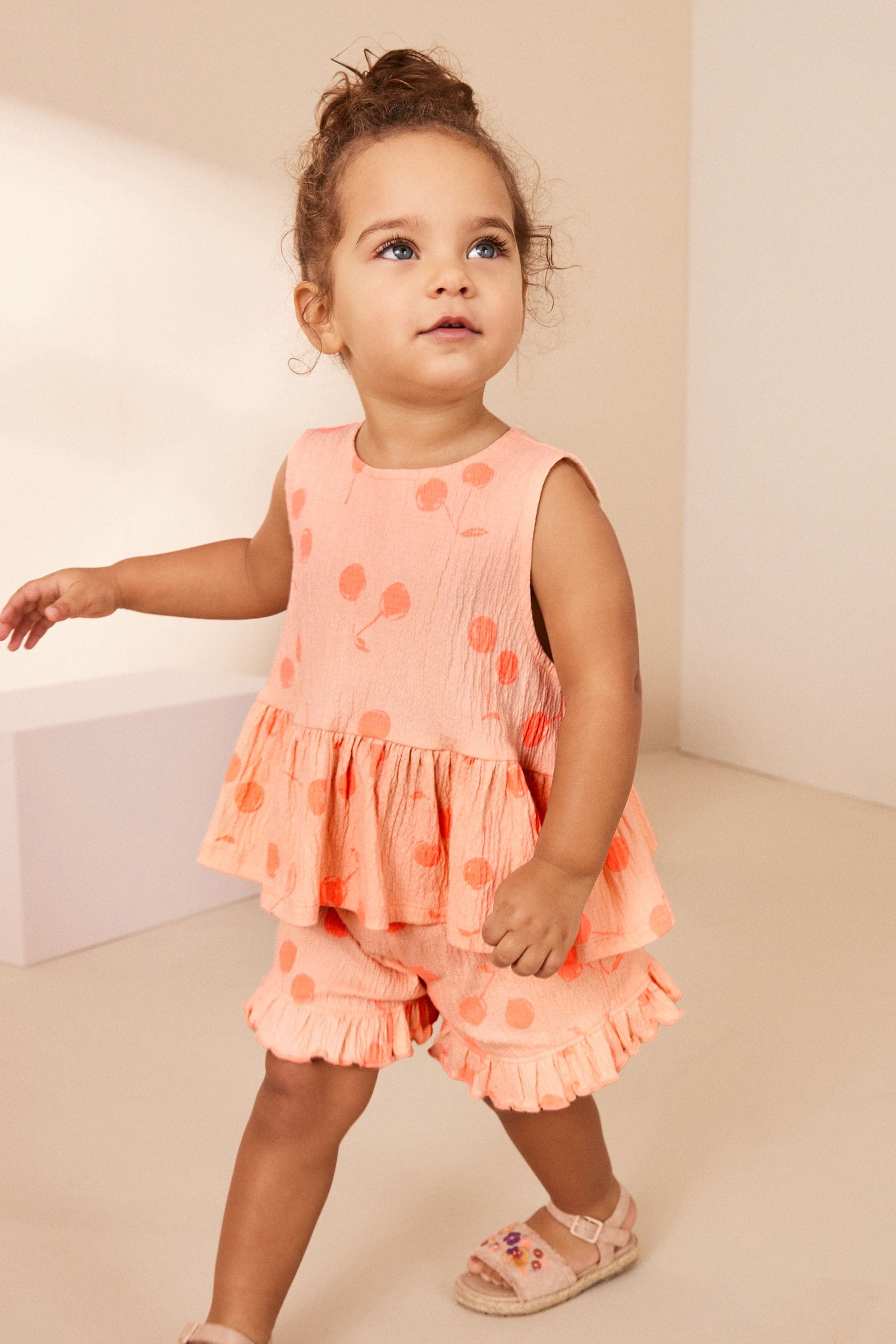 Orange Spot Textured Sleeveless Peplum Top and Shorts Set (3mths-7yrs)