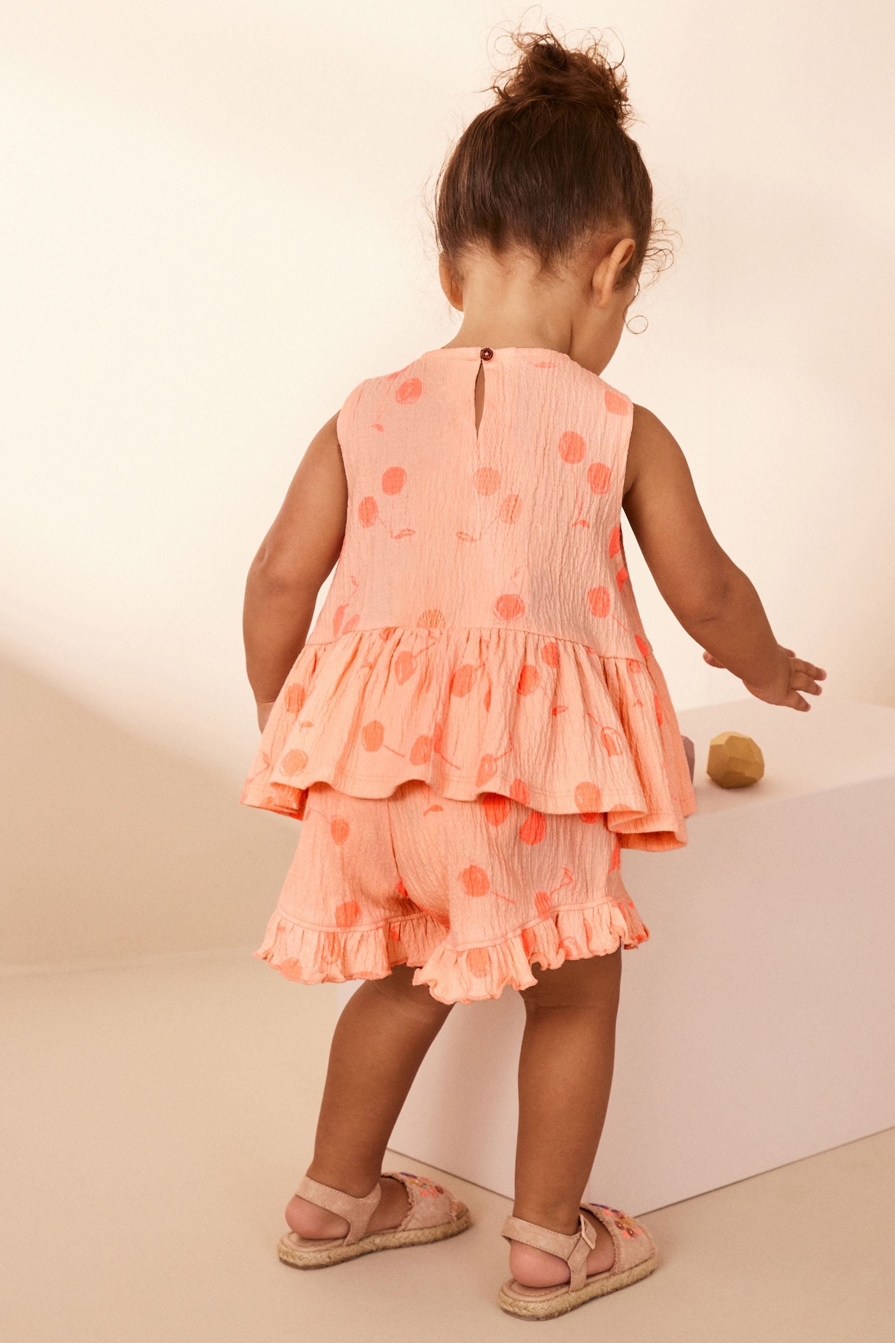 Orange Spot Textured Sleeveless Peplum Top and Shorts Set (3mths-7yrs)